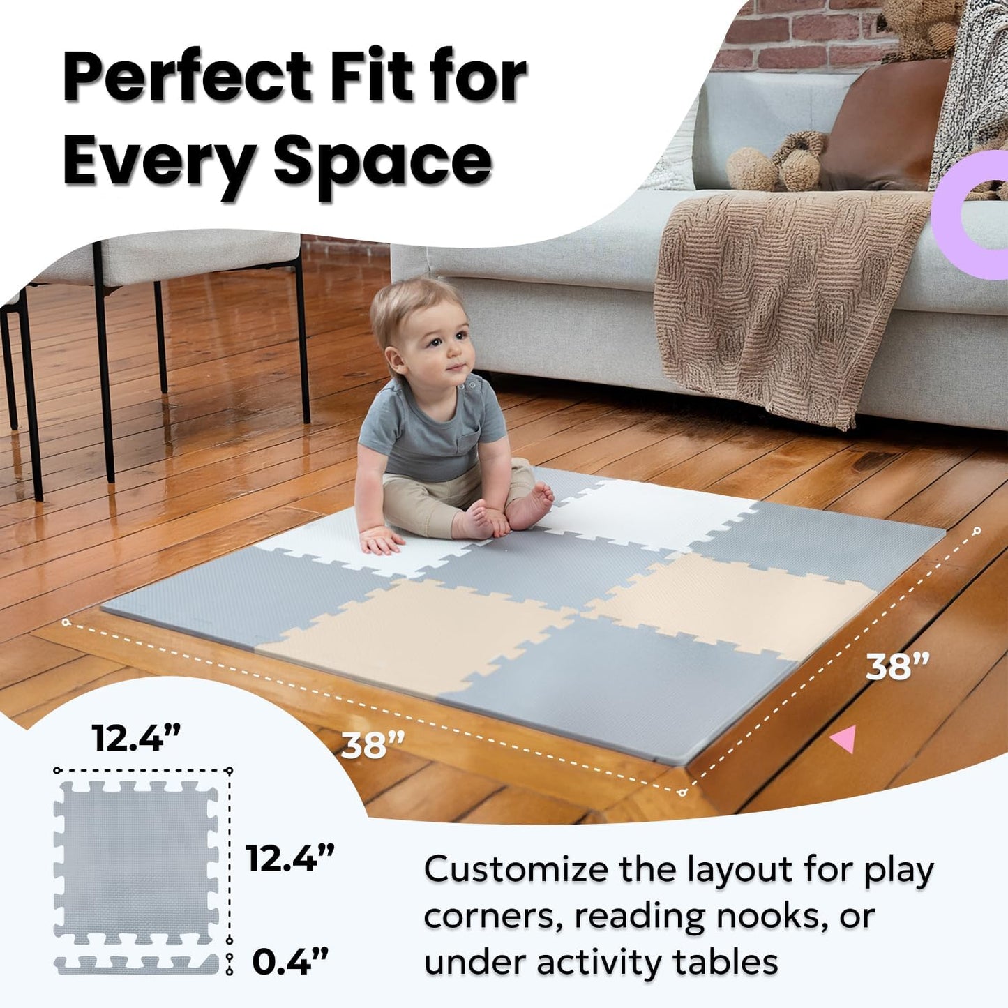 MioTetto Baby Play Mat, Comfortable Tummy Time Mat – Portable Foam Floor Tiles, Safe baby mat for floor for Crawling & Development, Soft play mat for babies 0-6 months, Stylish interlocking foam tiles