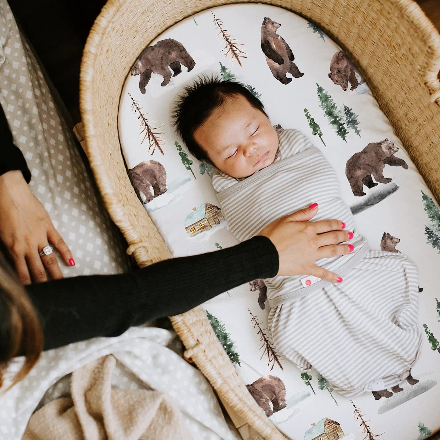 GRSSDER Stretchy Ultra Soft Fitted Bassinet Sheet Set 3 Pack, Universal Fit for Bassinets Baby Cradle Moses Basket Oval Rectangle Mattress Safe and Snug, Jungle Bear/Rainbow for Baby