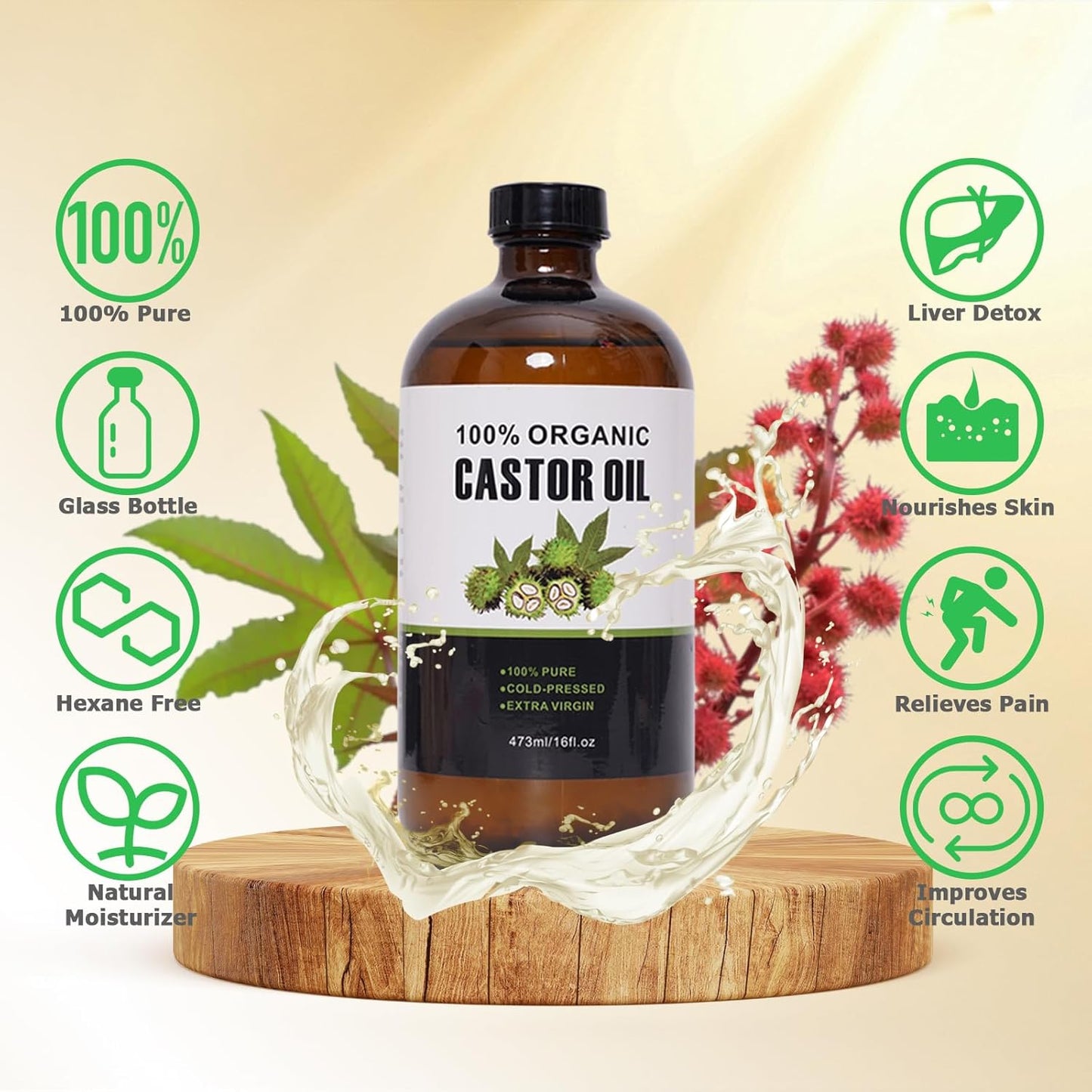 Organic Cold Pressed Unrefined Castor Oil (16oz/473ml), Castor Oil Pack Kit with Organic Cotton Wrap for Waist, Knees, Neck