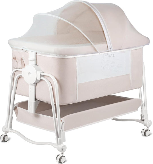 4 in 1 Baby Bassinet Bedside Sleeper, Rocking Baby Crib with Lockable Wheels, Storage, Mosquito Net and Matress Included, 7 Level Adjustable Bedside Bassinet for Baby Newborn(Cream)