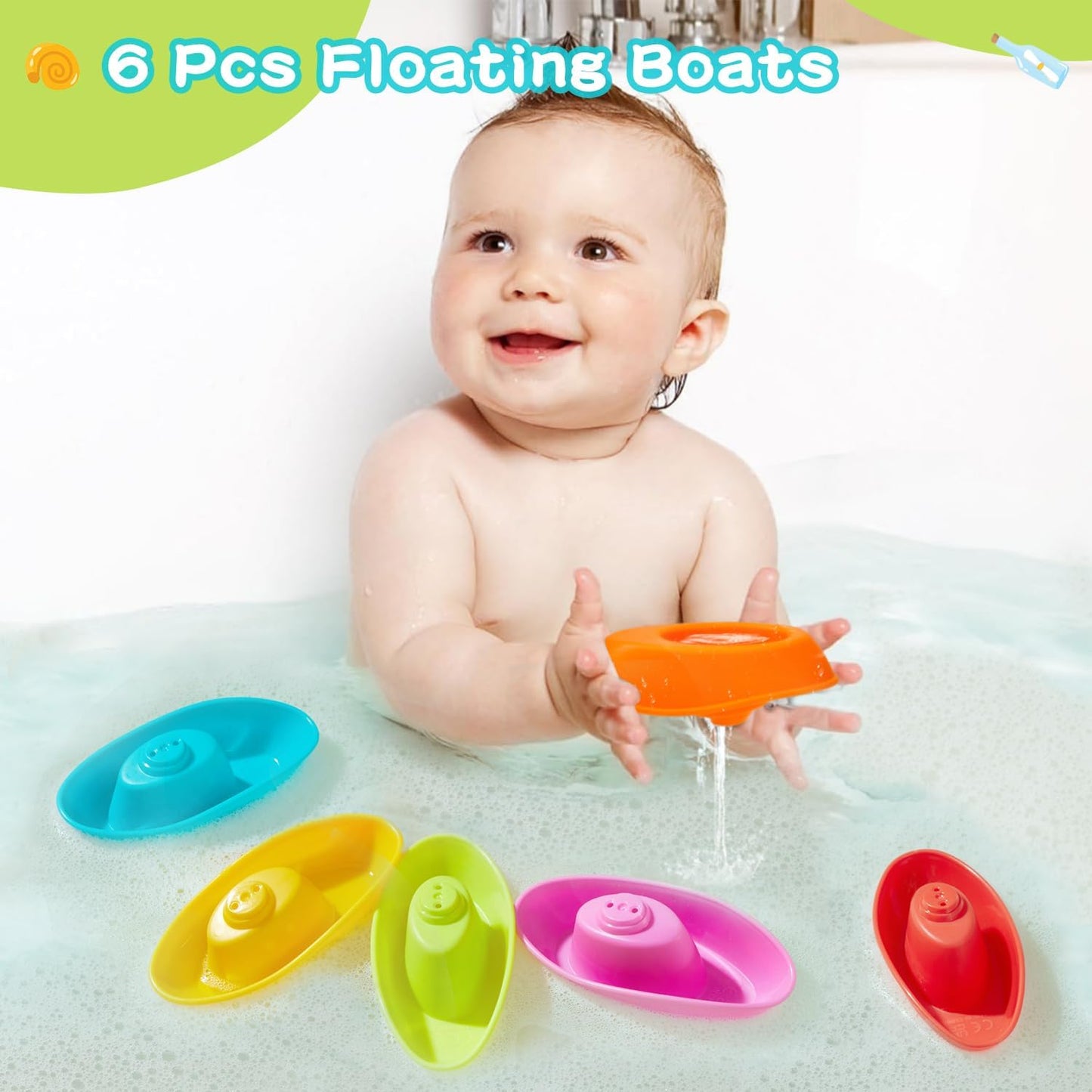 Toddler Bath Toys for Babies, 26 Pcs Mold Free Bathtub Toys with Fishing Rod Floating Boats Spoons Bucket No Hole Sea Animals and Storage Bag, Water Table Pool Toys for Toddlers and Kids