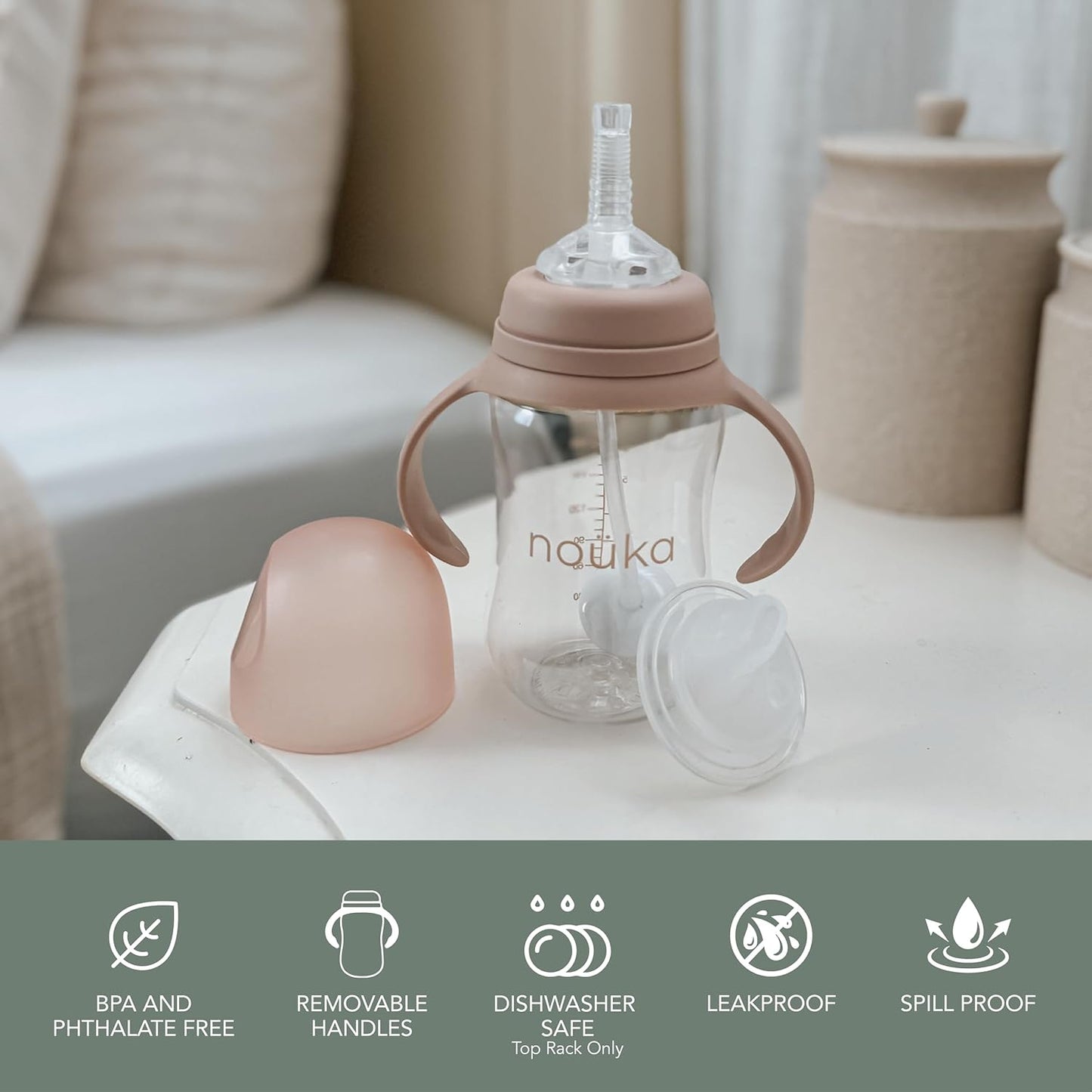 nouka Tritan Plastic Transitional Sippy Cup with Weighted Straw | Leak Proof and Easy Grip | Removable Handles | Moss
