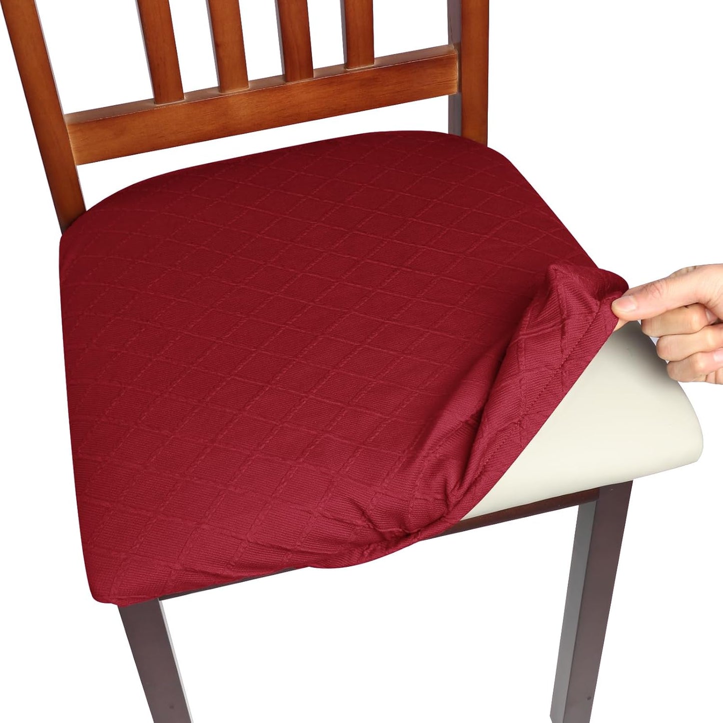 Yikko Chair Seat Covers, High-Density Check Jacquard Ekedalen Seat Covers for Dining Kitchen Restaurant Banquet, Stretch Removable Washable Chair Seat Cushion Protector (4, Wine Red)