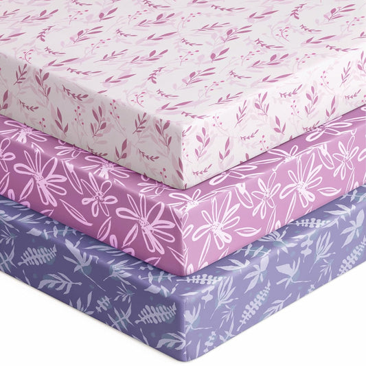 Baby Crib Sheets for Boys Girls, 28x52x8in Fitted Crib Sheet Neutral 3 Pack for Standard Crib and Toddler Mattress, Breathable Soft Microfiber Baby Sheet Purple Leaf