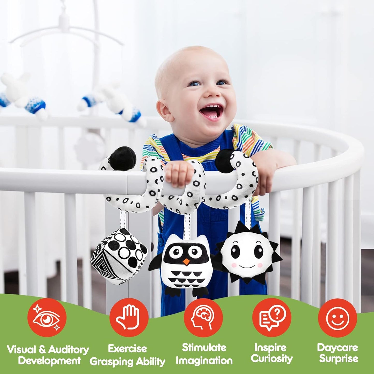 Baby Spiral Hanging Stroller and Car Seat Toys Black and White High Contrast Sensory Toy Newborn Plush Activity Toys Party Favors Quality Gifts for Baby Shower -OWL