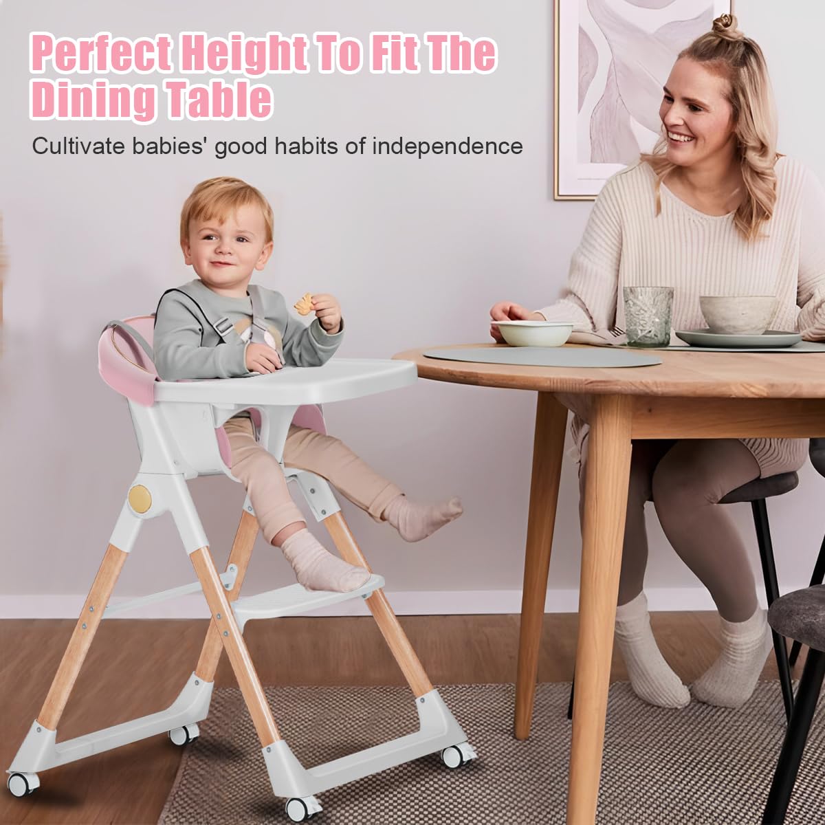 Baby High Chair, High Chairs for Babies and Toddlers, Convertible Folding High Chair with Removable Tray 5 Point Harness Footrest Detachable PU Cushion, Portable Highchair for Baby Toddlers