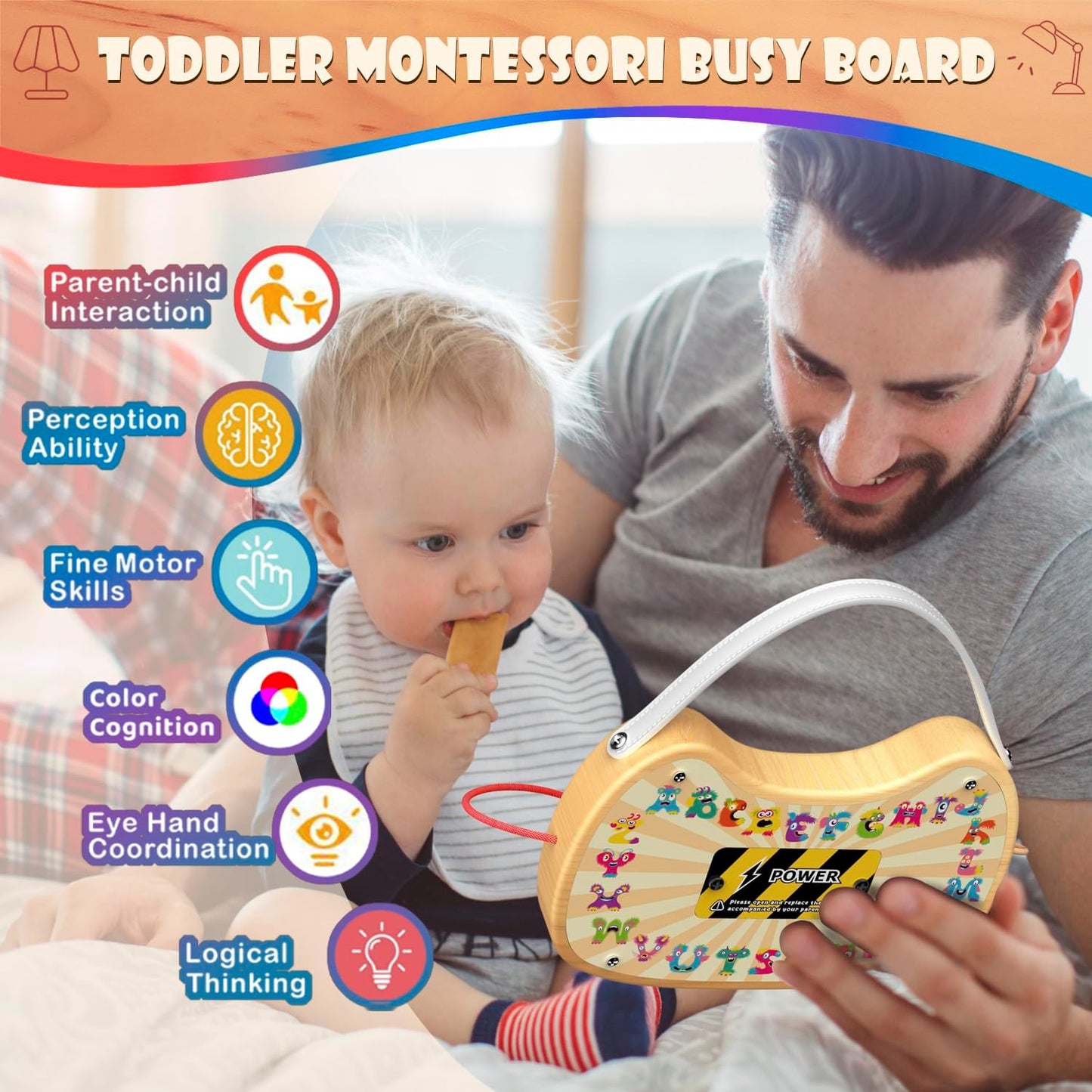 Montessori Wooden Busy Board for Toddlers with LED Light Lights & Switches,Portable Activity Board for Car & Airplane Travel Toys, Christmas & Birthday Gift for 1-3 Year Old Boys & Girls
