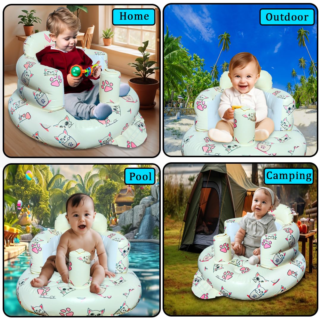 Inflatable Baby Seat for Babies 3-36 Months Blow Up Chair for Babies Infants Toddler Floor Sitting Up with Built in Air Pump (White, Cat)