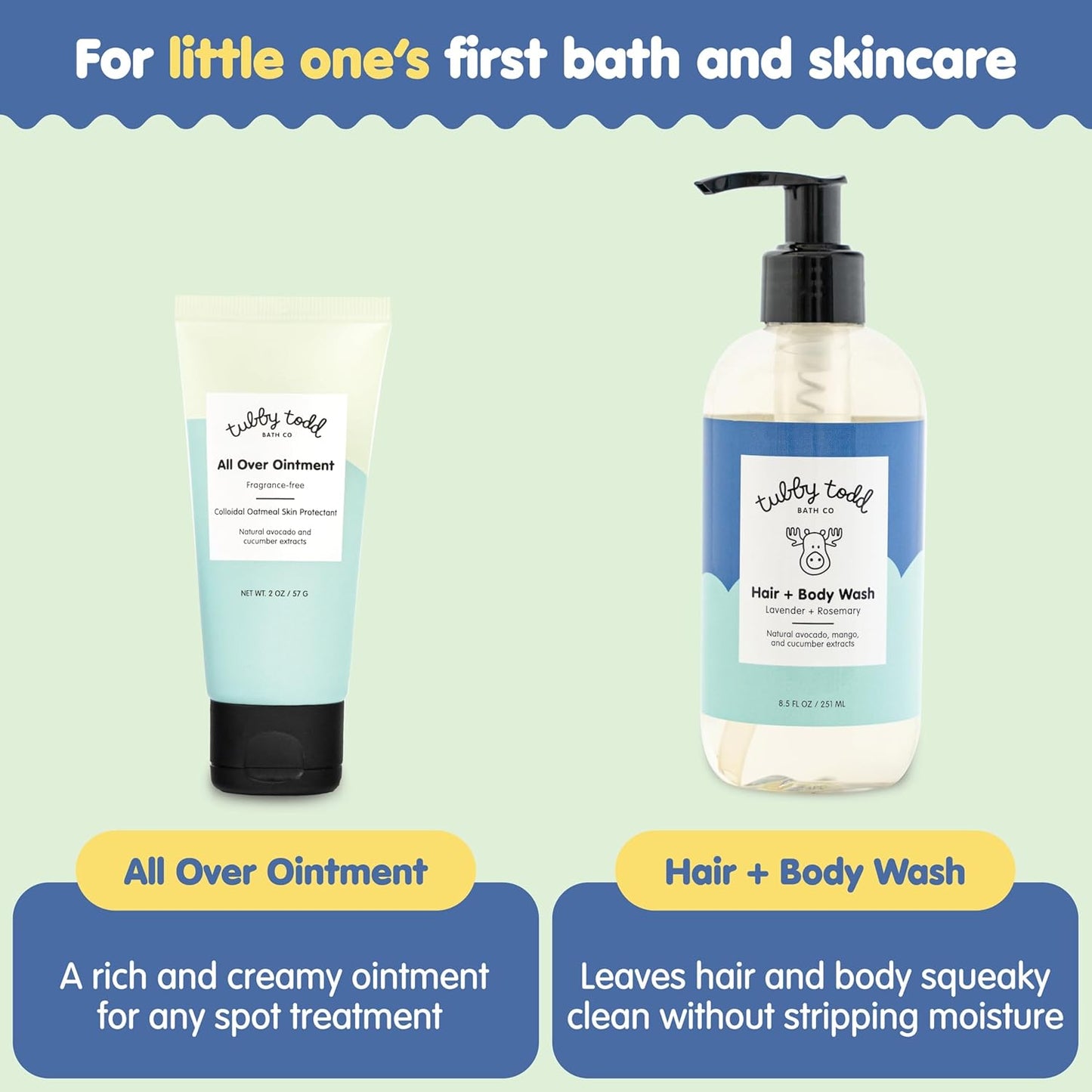 Tubby Todd New Baby & Mom Sensitive Skincare Kit - The Mama + Baby Gift Set - Baby Shampoo and Body Wash 8.5 Oz, All Over Ointment 2 Oz, Belly Oil 2 Fl Oz & Nipple Balm 1.9 Oz - Lavender Rosemary