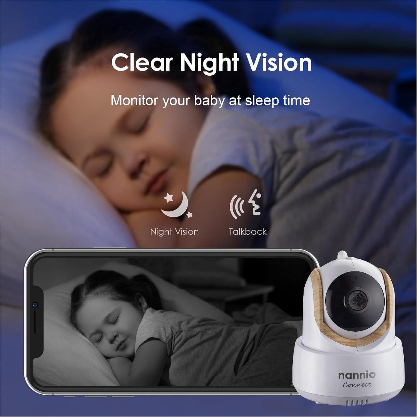 nannio Smart Baby Monitor Camera, Wi-Fi Remote Acess, HD Pan-Tilt-Zoom Smart Camera for Phone with 2-Way Audio, Clear Night Vision, Temp Sensor, No Monthly Fee (Compatible Connect Smart Baby Monitor)