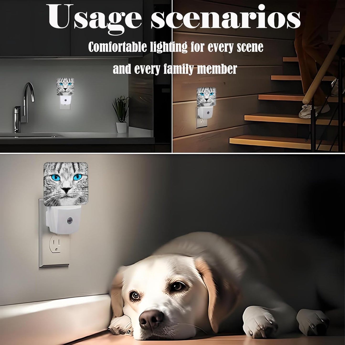 Blue Eyes Cat Night Light,Plug Into Wall with Dusk to Dawn Light Sensors, Warm Nightlights for Bedroom, Bathroom, Hallway, Kitchen, Gifts Ideal for Boys Girls Women Men