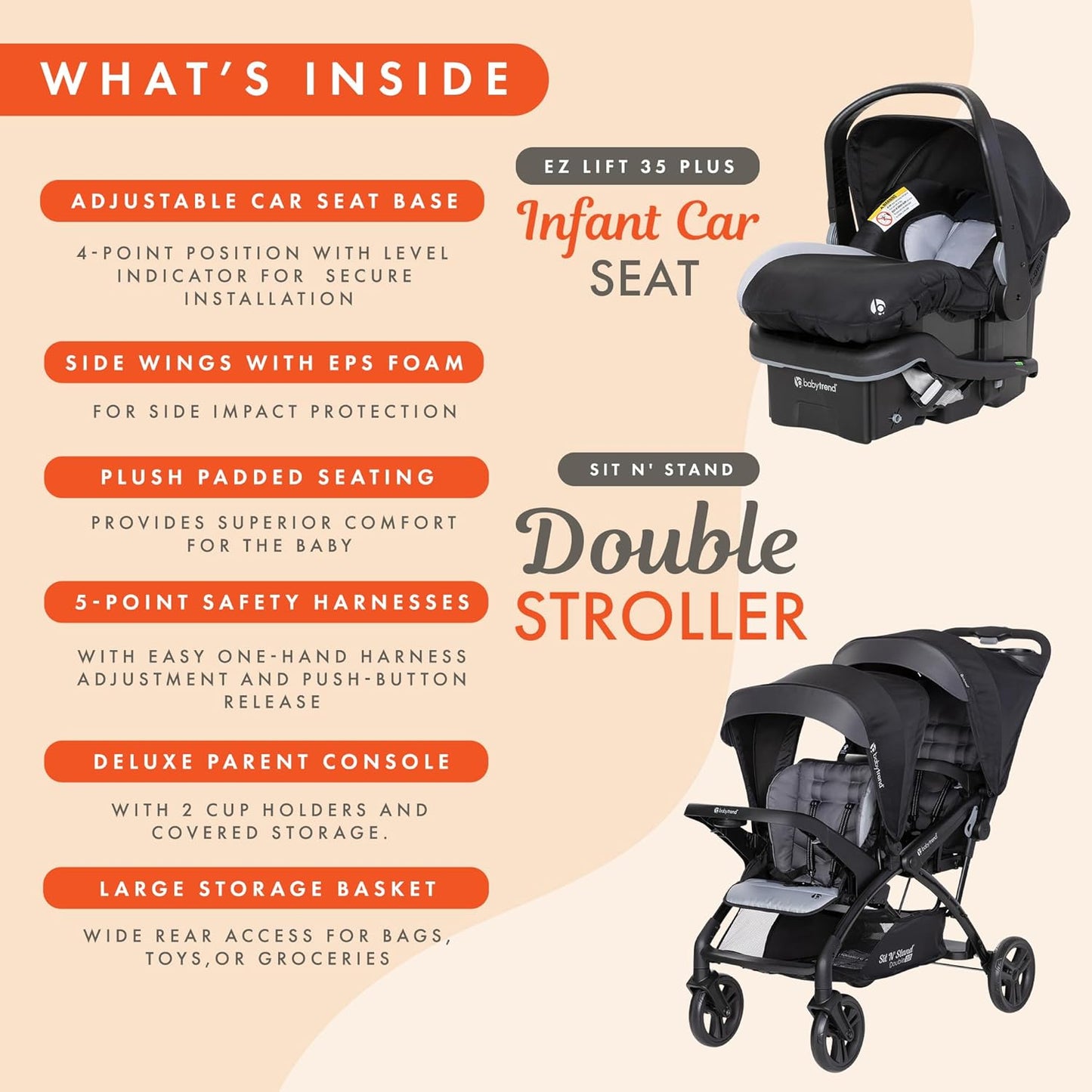 Baby Trend Infant and Toddler Double Stroller & Car Seat Combo, 2 Pc Set, Stormy - Lightweight and Compact Travel Stroller and Carseat Tandem for Babies, Infants, and Toddlers