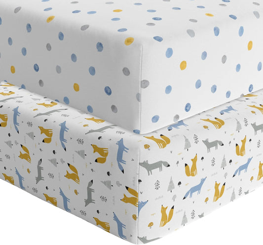 Featherhead™ 2-Pack Fitted Crib Sheets - 100% Cotton - 52" x 28" x 9" for Standard Crib and Toddler Mattress (Percale Blue Foxes)