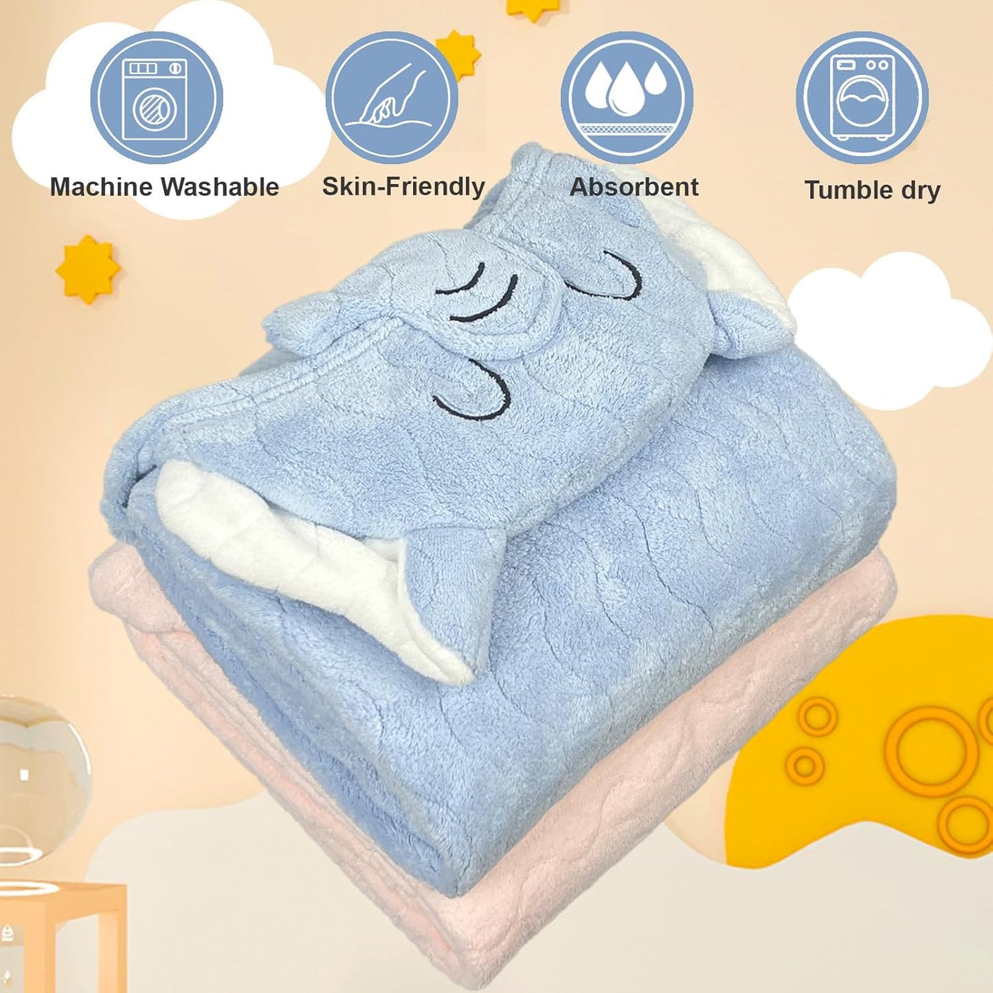 Hooded Baby Towels 2 Pack Coral Fleece, Luxuriously Thick Hooded Towels Soft Shower Bath Towel for Newborn, Infant, Toddler (Blue & Pink)