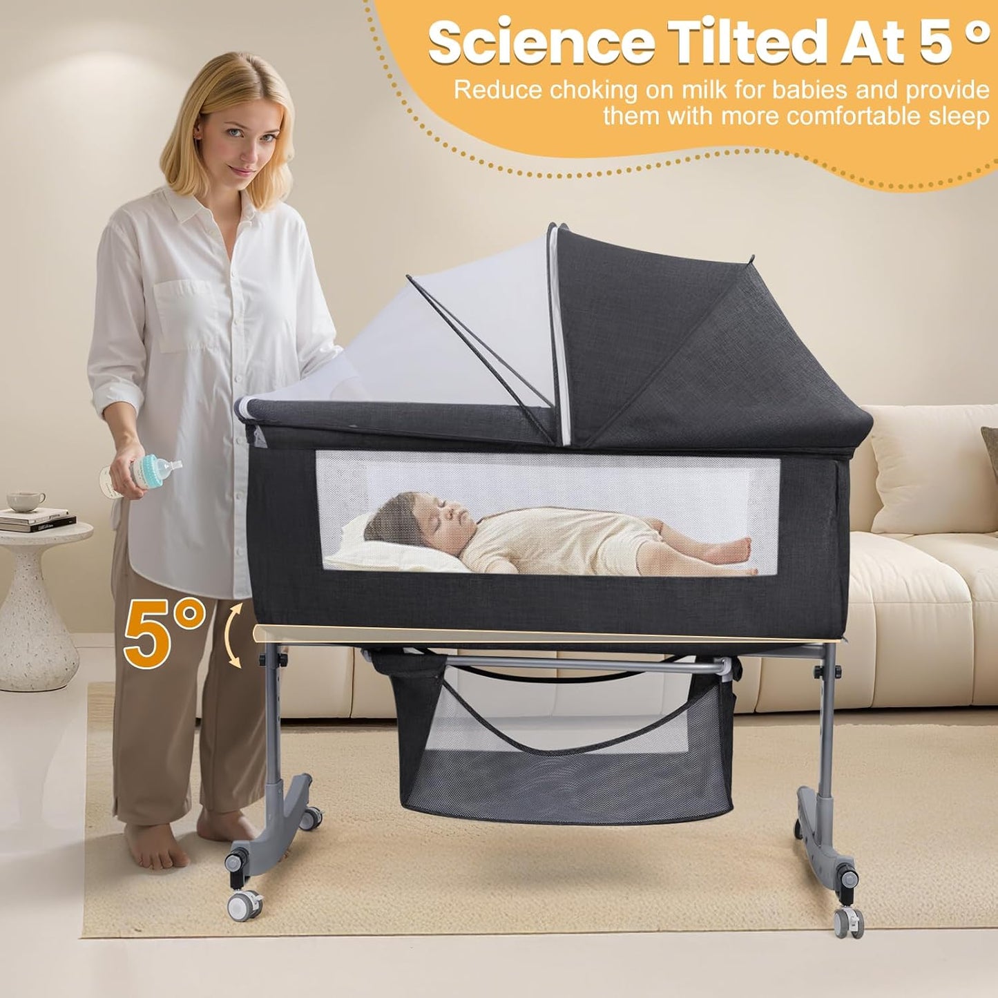 3-in-1 Baby Bassinet Bedside with Storage Basket, Portable Baby Cradle Bassinet with Wheels, Mosquito Net, 6 Levels Height Adjustable (Black)