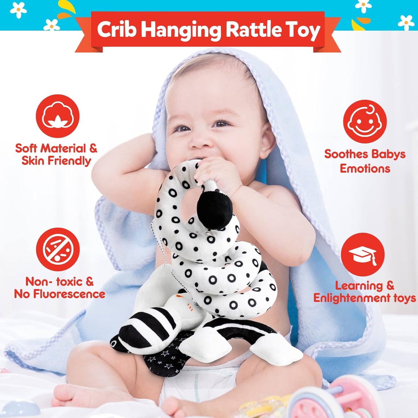 Baby Spiral Hanging Stroller and Car Seat Toys Black and White High Contrast Sensory Toy Newborn Plush Activity Toys Party Favors Quality Gifts for Baby Shower -BEE