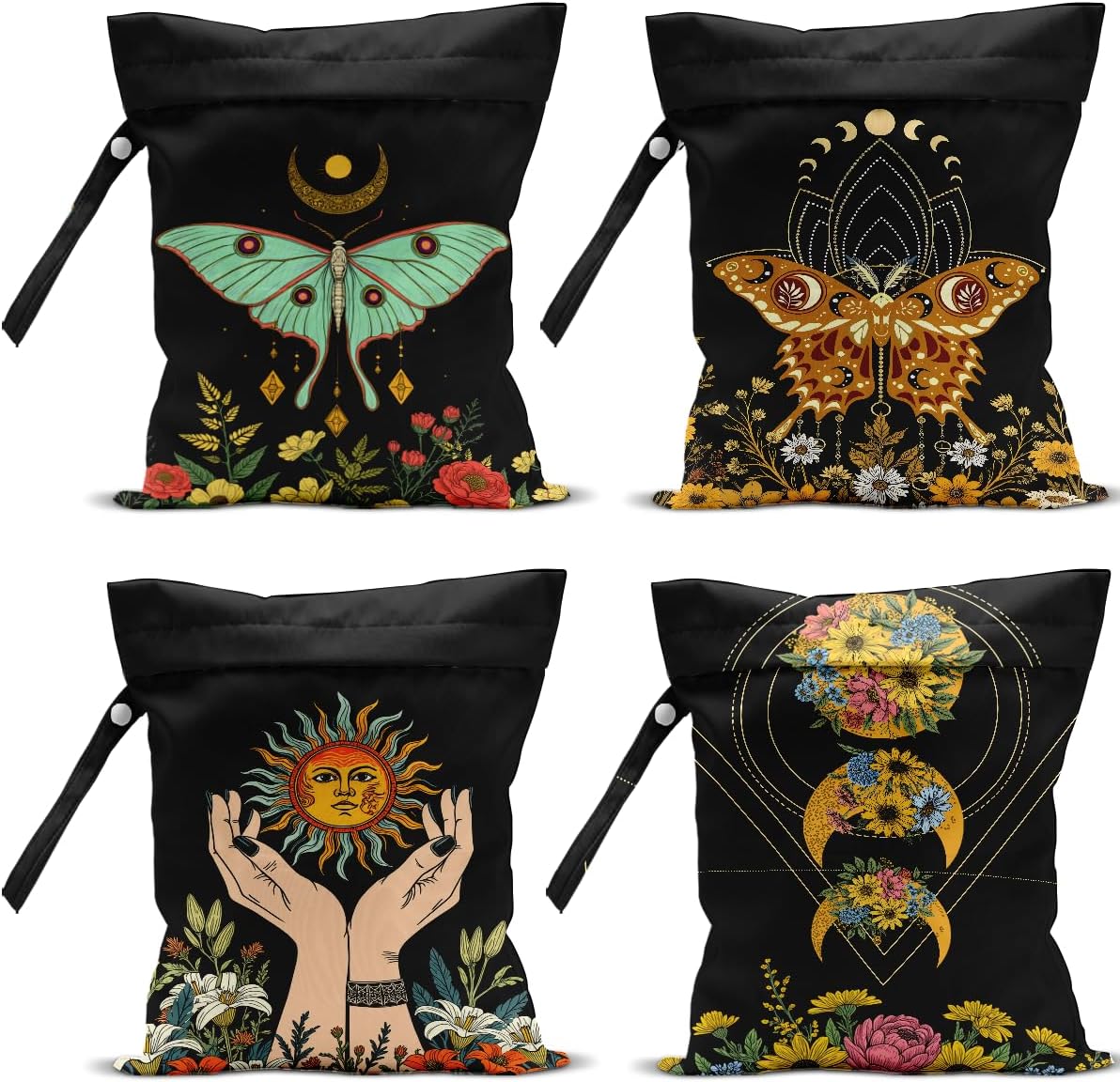 4Pack Witchy Gifts Boho Wet Bag Waterproof Reusable Wet Dry Bag for Swimsuit Diaper Sun Moon Star Butterfly Floral Travel Yoga Toiletries Gift for Women Mom Birthday Christmas Halloween