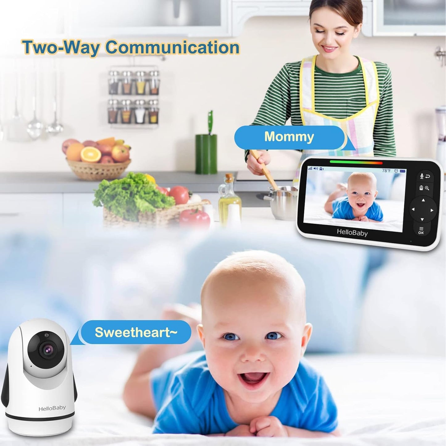 HelloBaby 5 Inch Video Baby Monitor with Camera and Audio, Remote Pan-Tilt-Zoom Camera with Night Vision, 2-Way Talk, Temperature, 8 Lullabies and 1000ft Range Baby Monitor No WiFi Needed
