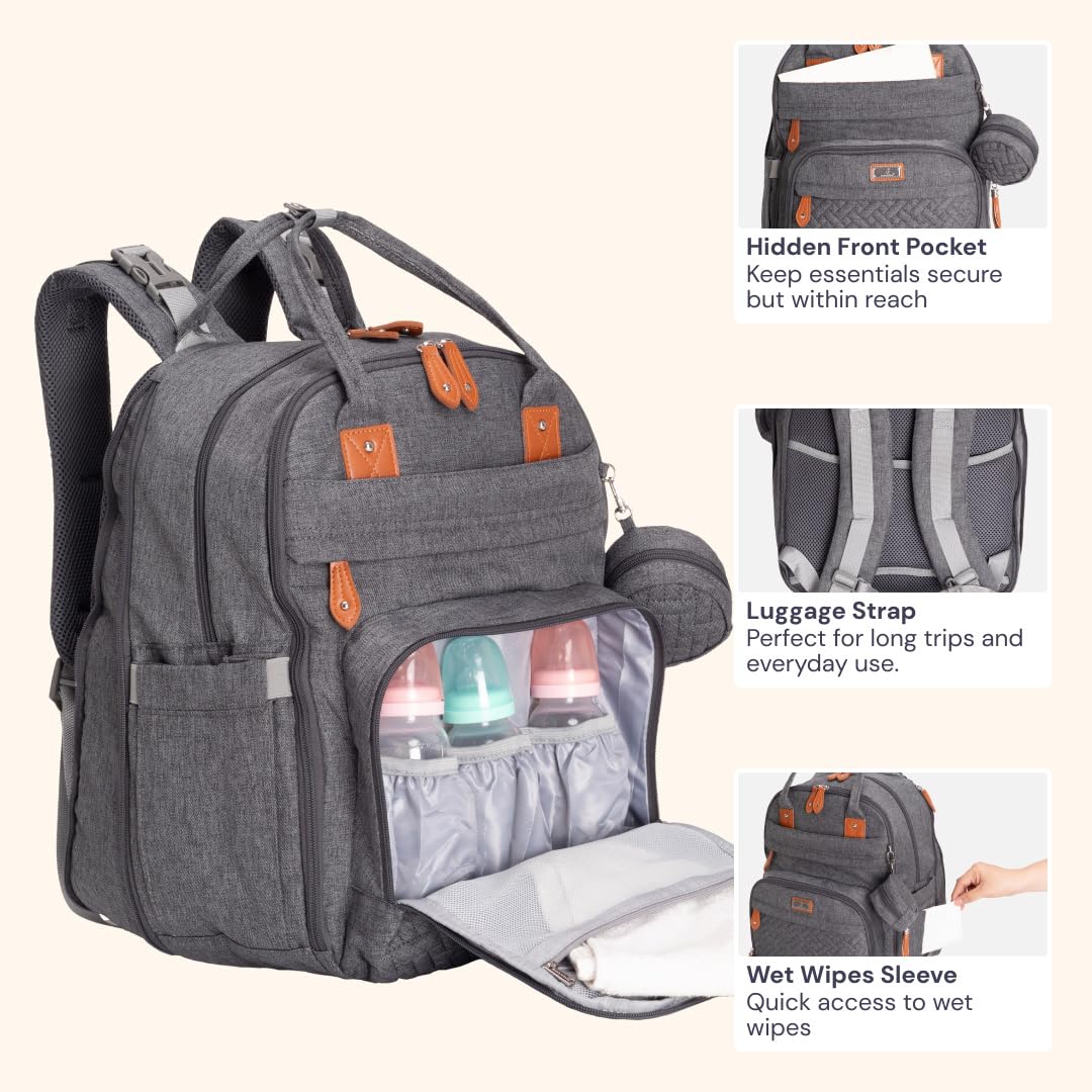 BabbleRoo Extra Large Diaper Bag Backpack, Expandable Baby Bag with Up to 50% More Capacity - Travel Essentials Baby Bag Tote with Changing Pad, Stroller Straps & Pacifier Case - Unisex, Dark Gray