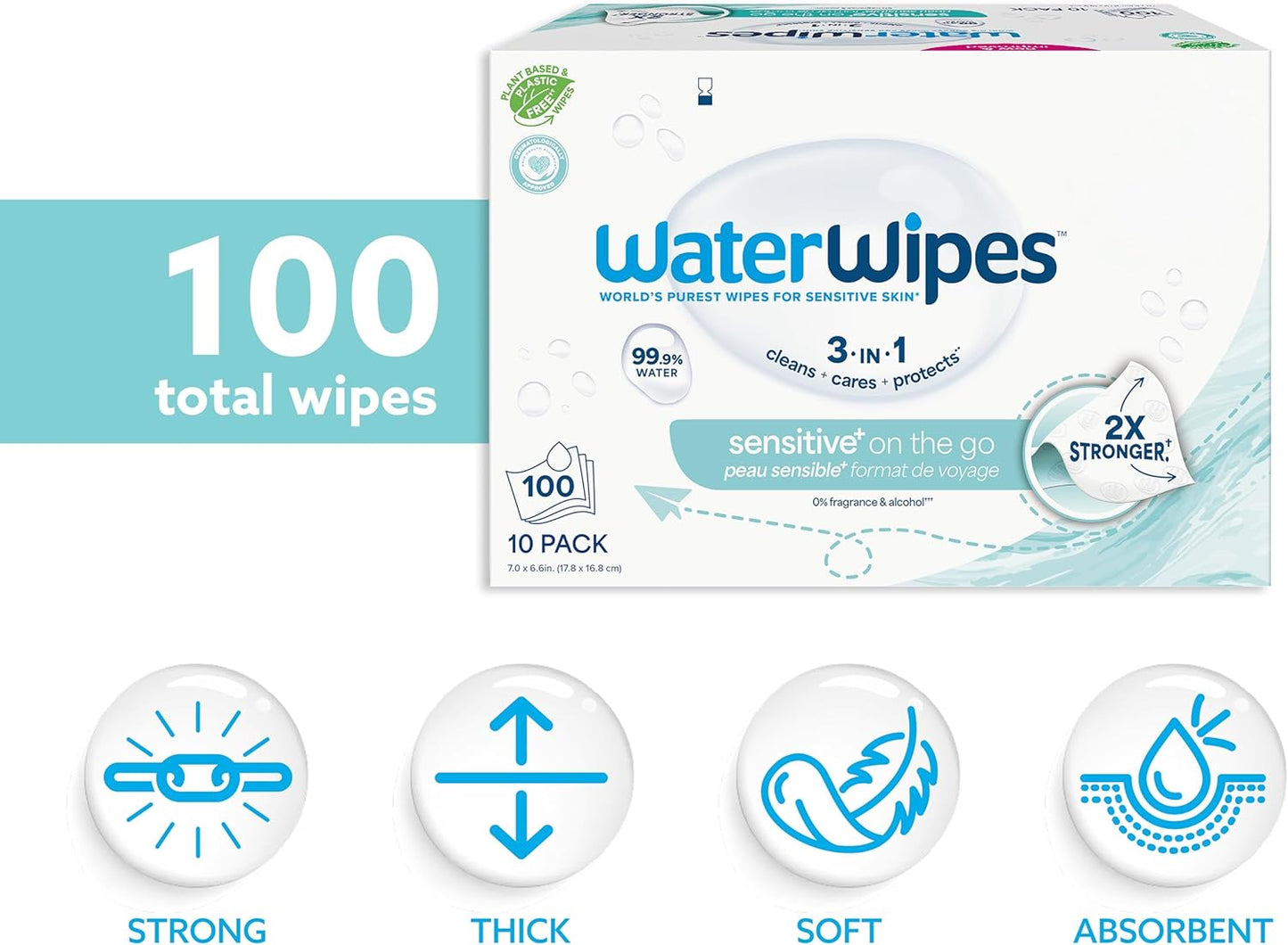 WaterWipes Sensitive+ On The Go Wipes, 3-In-1 Cleans, Cares, Protects, 99.9% Water, Unscented & Hypoallergenic Wet Wipes, 100 Count (10 Packs)