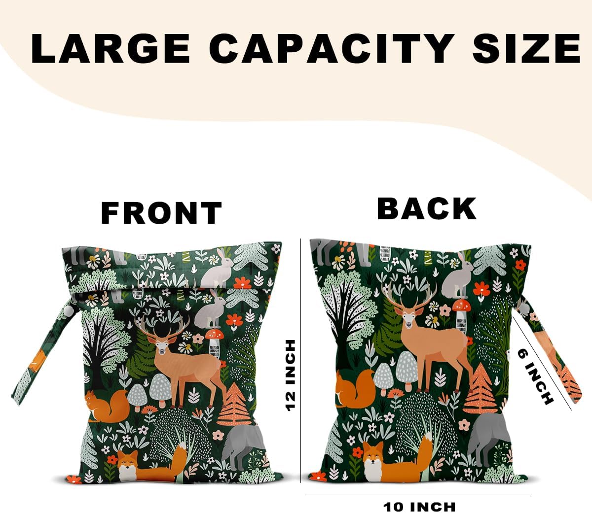 Forest Animal Wet Bags 12x10 Inch, Cottage Core Botanical Waterproof Travel Laundry Bags, Squirrel Fox Wolf Reusable Wet Dry Bag for Swimsuit Pool Beach Diapers Dirty Yoga Gym Clothes