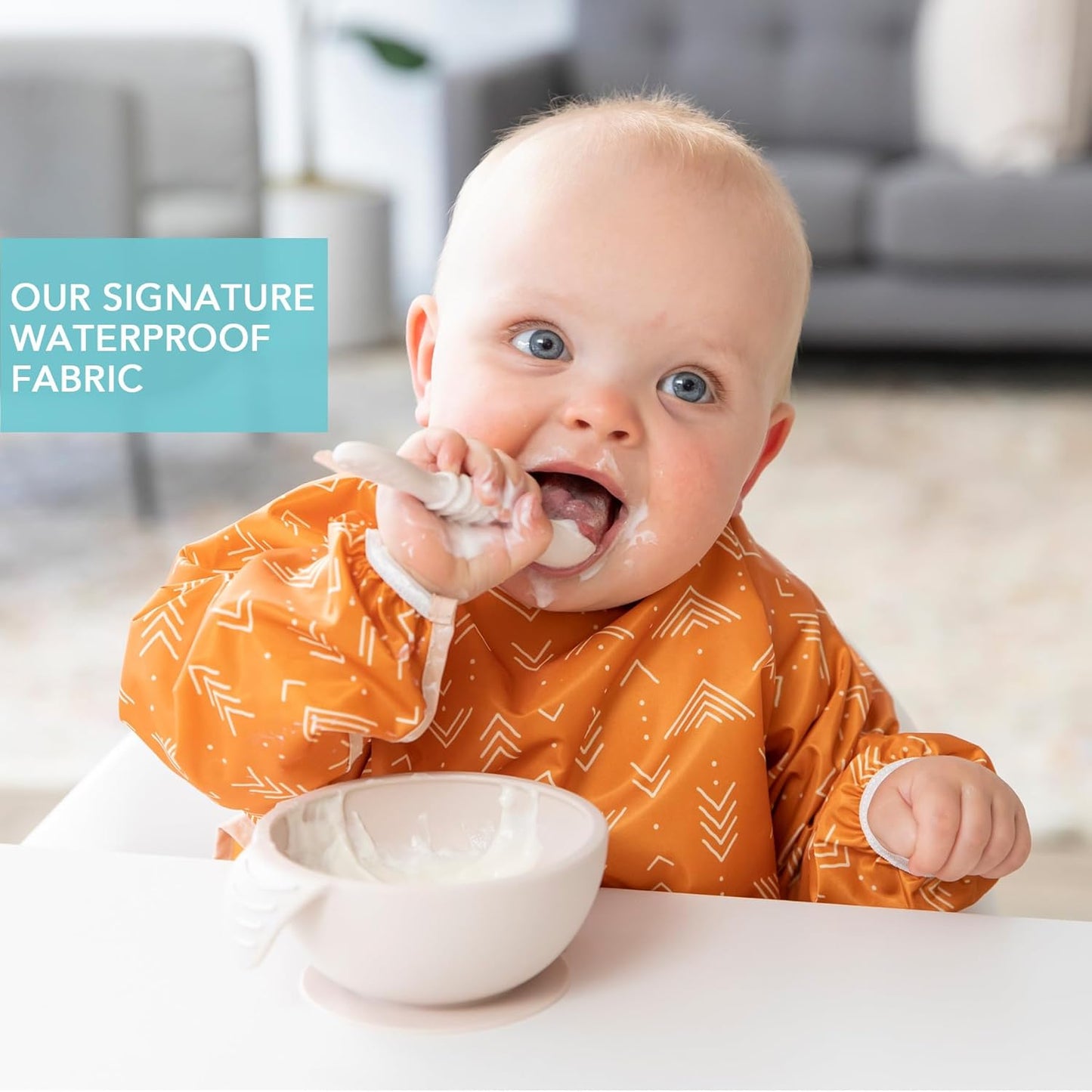 Bumkins Sleeved Bib for Girl or Boy, Baby and Toddler for 6-24 Mos, Essential Must Have for Eating, Feeding, Baby Led Weaning Supplies, Long Sleeve Mess Saving Food Catcher, Soft Fabric, Boho Orange