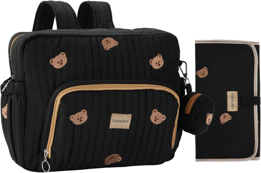 Diaper Bag Backpack, Medium Maternity baby bag & Changing Pad, Insulated Pockets, Stroller Straps & Pacifier Case (Medium - Black Bears)