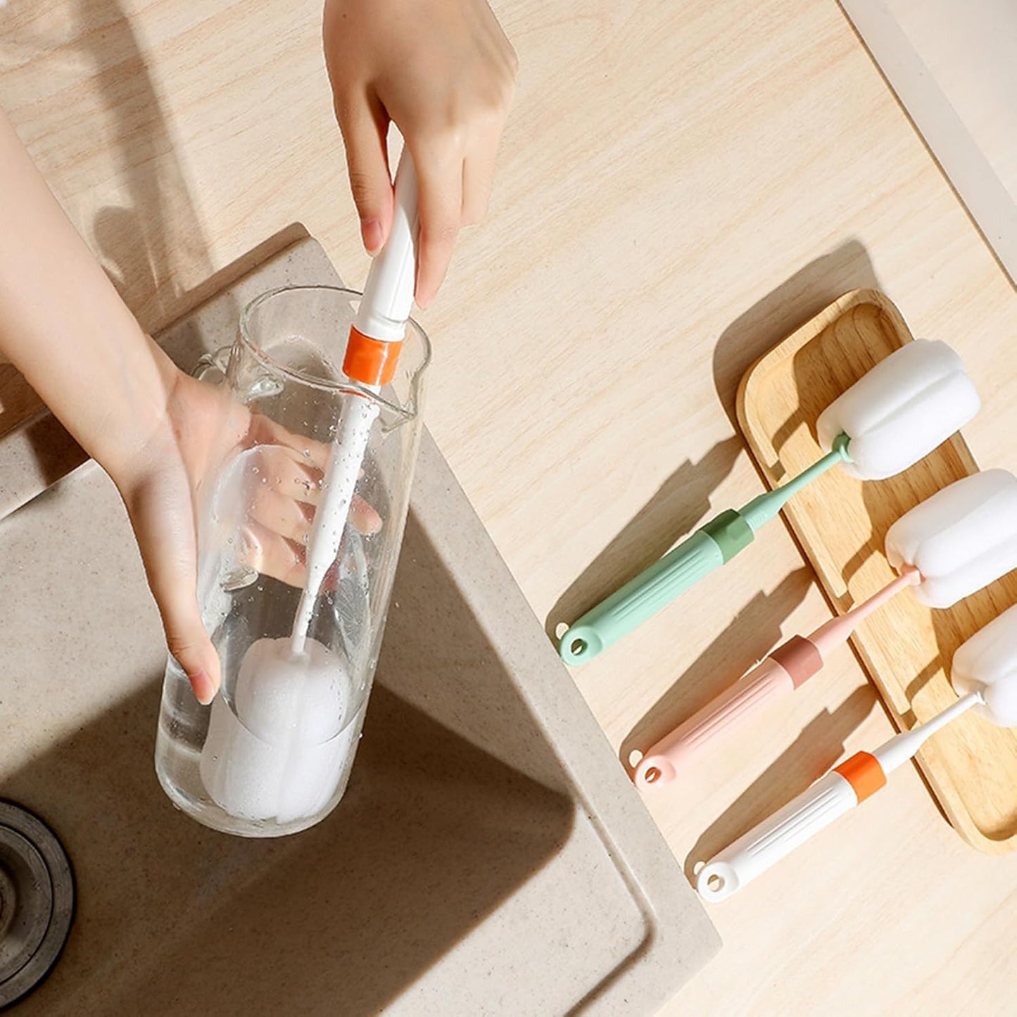 Dishwashing Foam Sponges Brush Telescopic Long Handle Scrubbing Brushes Clean Dishes, Sinks ，Cookware，Coffee Glasses Pot Milk Cup Mugs Wine Bottle (4pcs)