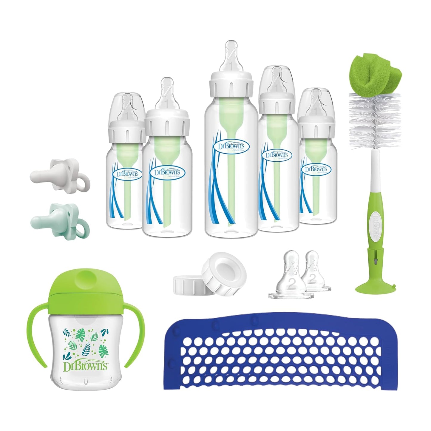 Dr. Brown's Natural Flow Baby Feeding Set with Anti-Colic Bottles, Transition Cup, Brush, and Silicone Pacifiers