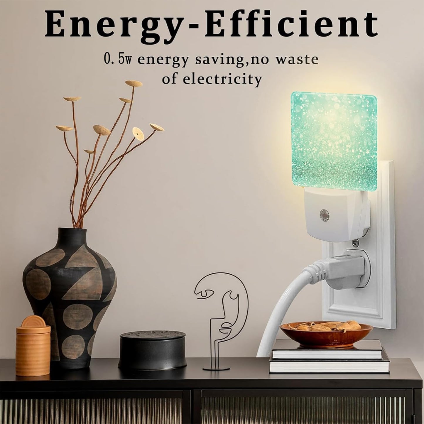 Teal Turquoise Glitter Night Light Plug into Wall, Green Sparkle Bling Dusk to Dawn Night Light Plug in,0.5w Energy Saving Sleep Friendly NightLight for Kids Boys Girls Home Decor