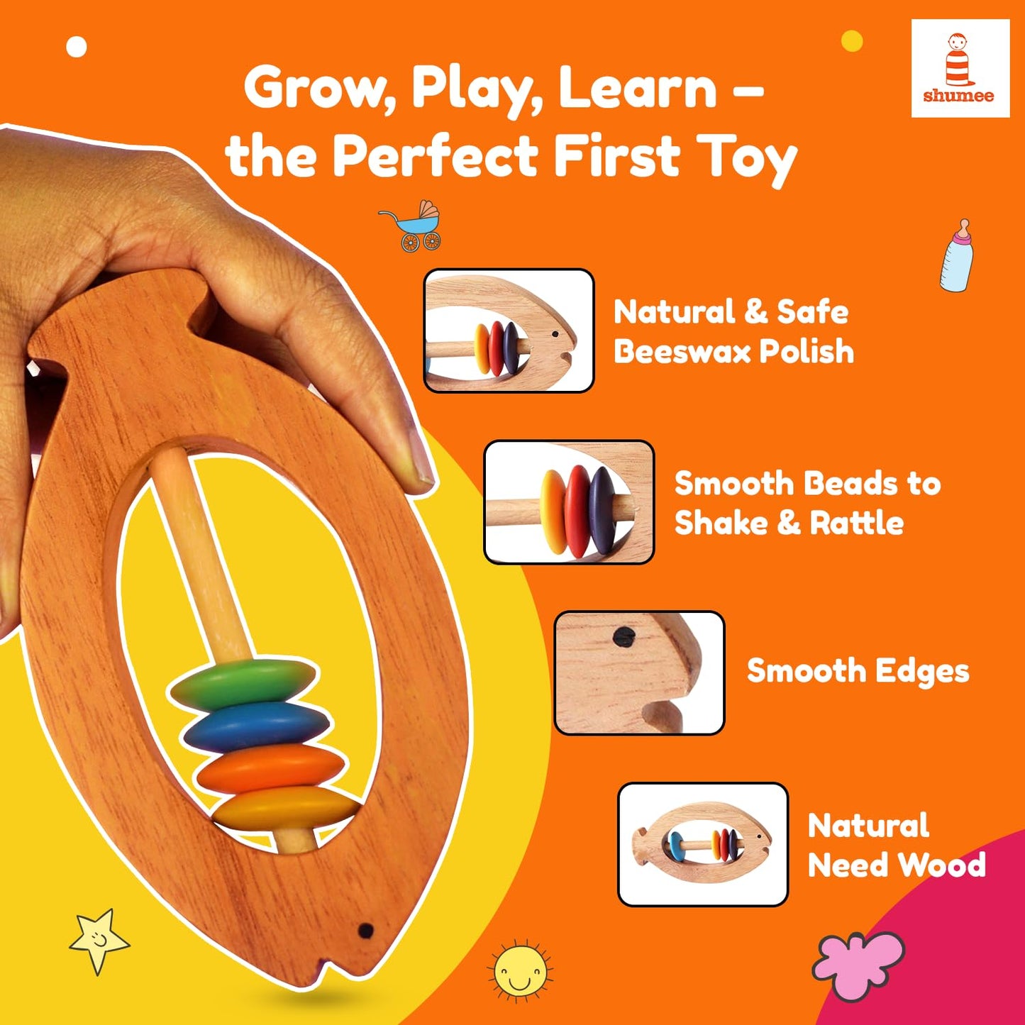 Shumee Wooden Fish Rattle Rings and Teethers for Infants | Sensory Toy | 100% Safe, Natural & Eco-Friendly | 6 Months+