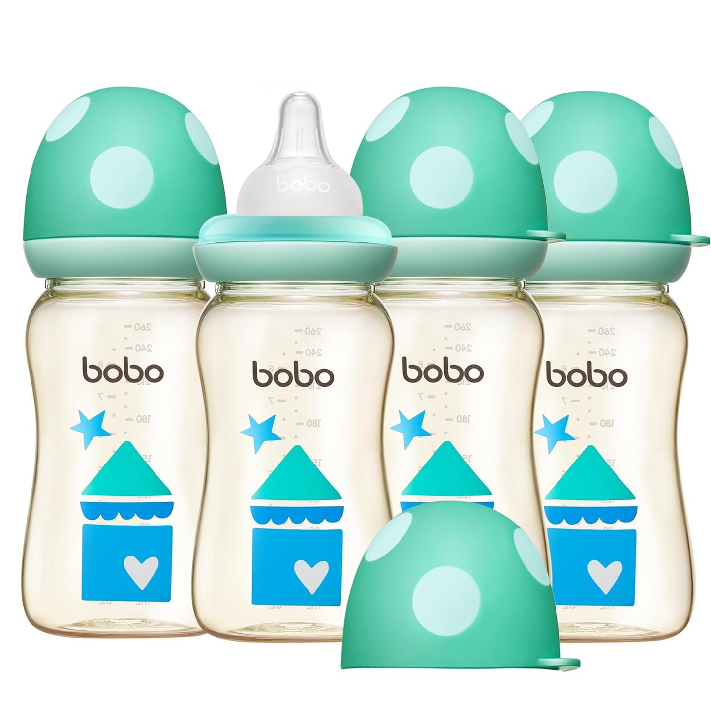 YOHKOH PPSU Baby Bottle Wide Neck, Newborn Anti-Colic Baby Bottle with Natural Response Nipple, Streamlined Body, Easy to Clean (8.8oz (Pack of 4), Blue)