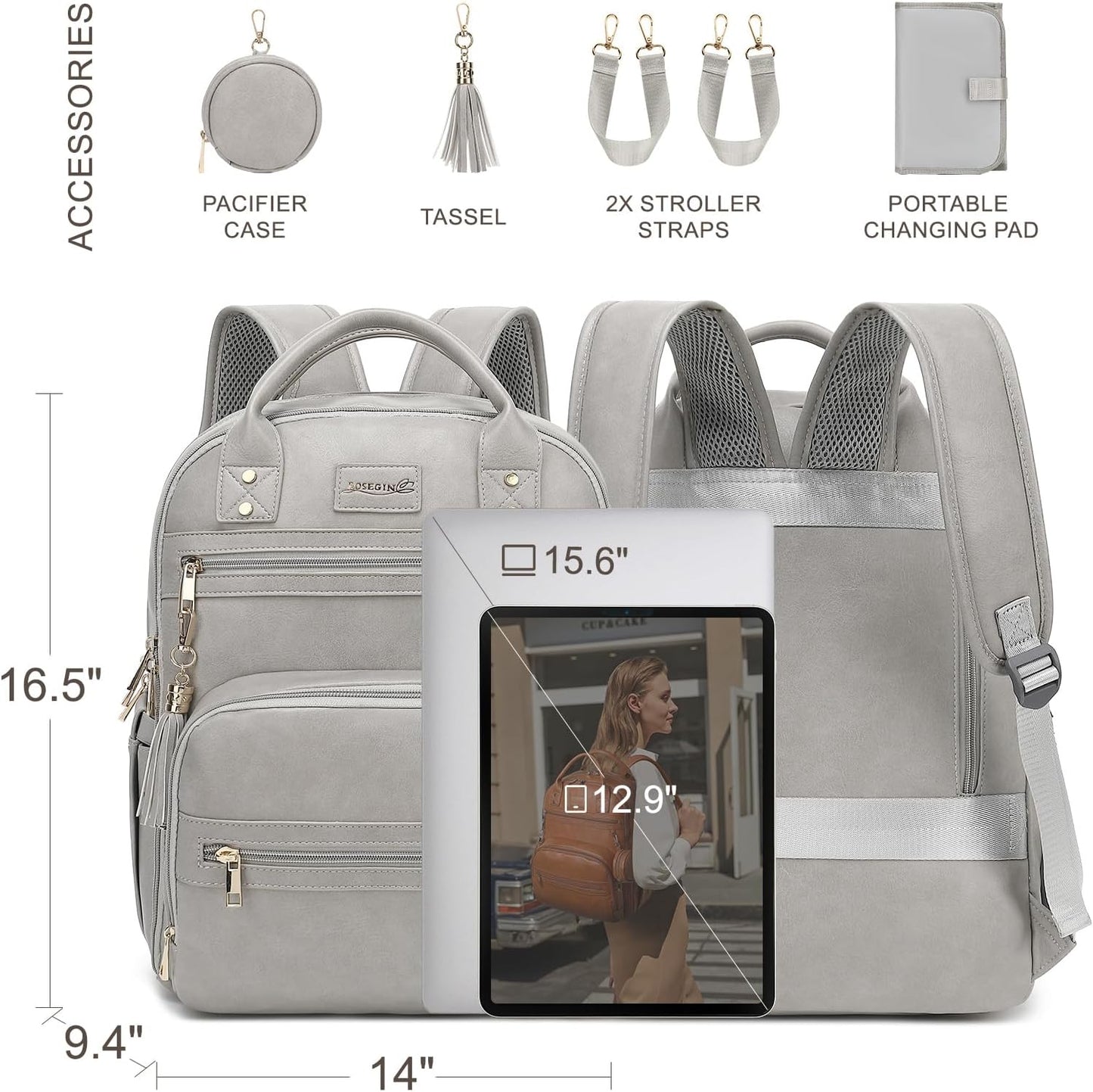 Premium Vegan Leather Diaper Bag Backpack with Waterproof Changing Pad, Reinforced Zippers & Odor-Free, 20 Pockets Pro Organizer, Fits 15.6" Laptop, Stroller Straps, Baby Bag for Mom, Grey