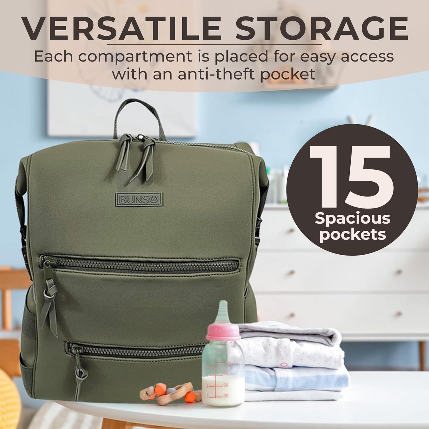 Neoprene Diaper Bag, Minimalist Backpack Diaper Bag with Pouch, Changing Pad, and Stroller Straps, Water Resistant and Lightweight Dad Diaper Bag, Diaper Bag Backpack - Olive