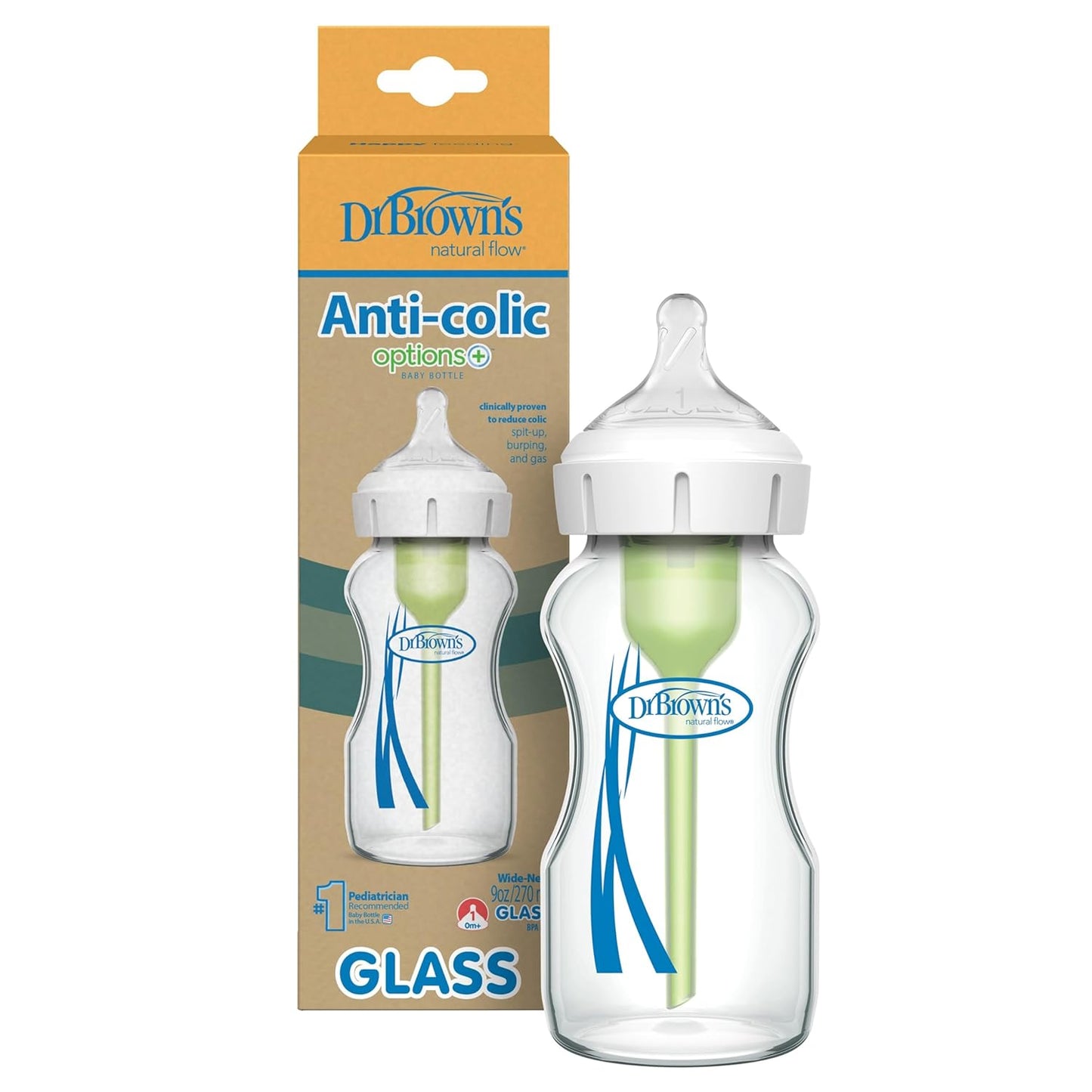 Dr. Brown's Natural Flow Anti-Colic Options+ Wide-Neck Glass Baby Bottle 9 oz/270 mL,with Level 1 Slow Flow Nipple,1 Pack,0m+