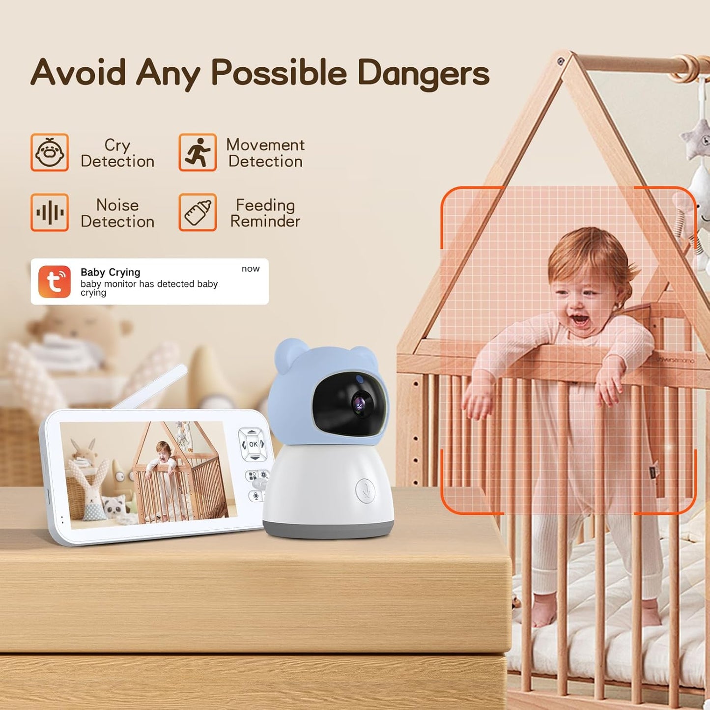 2K WiFi Baby Monitor with 5'' 1080P Screen, Smart Baby Camera with App Control, 360°Auto Tracking, Motion & Sound & Humidity & Temperature Detection, Night Vision, 2-Way Talk,Long Battery Life