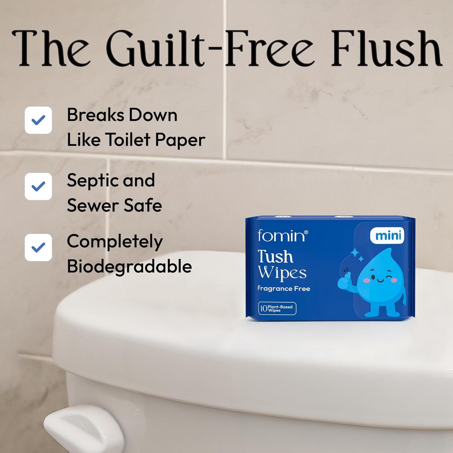 Fomin Flushable Tush Wipes 8 Pack (10 Count) – Unscented Flushable Wet Wipes for Adults – pH Balanced, Biodegradable Cleaning Wipes – Hypoallergenic, Plant Based Travel size Flushable Wipe for Adults