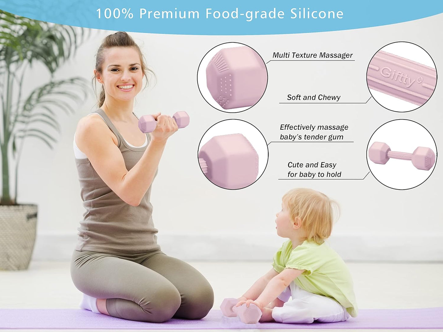 Giftty Baby Dumbbell Toy - Silicone Infant Rattle Teething Toy Teether Toddler Sensory Toy Durable Safe Exercises Workout Weight - Great Gift for Girls and Boys (1pcs 4.8oz - Gray)