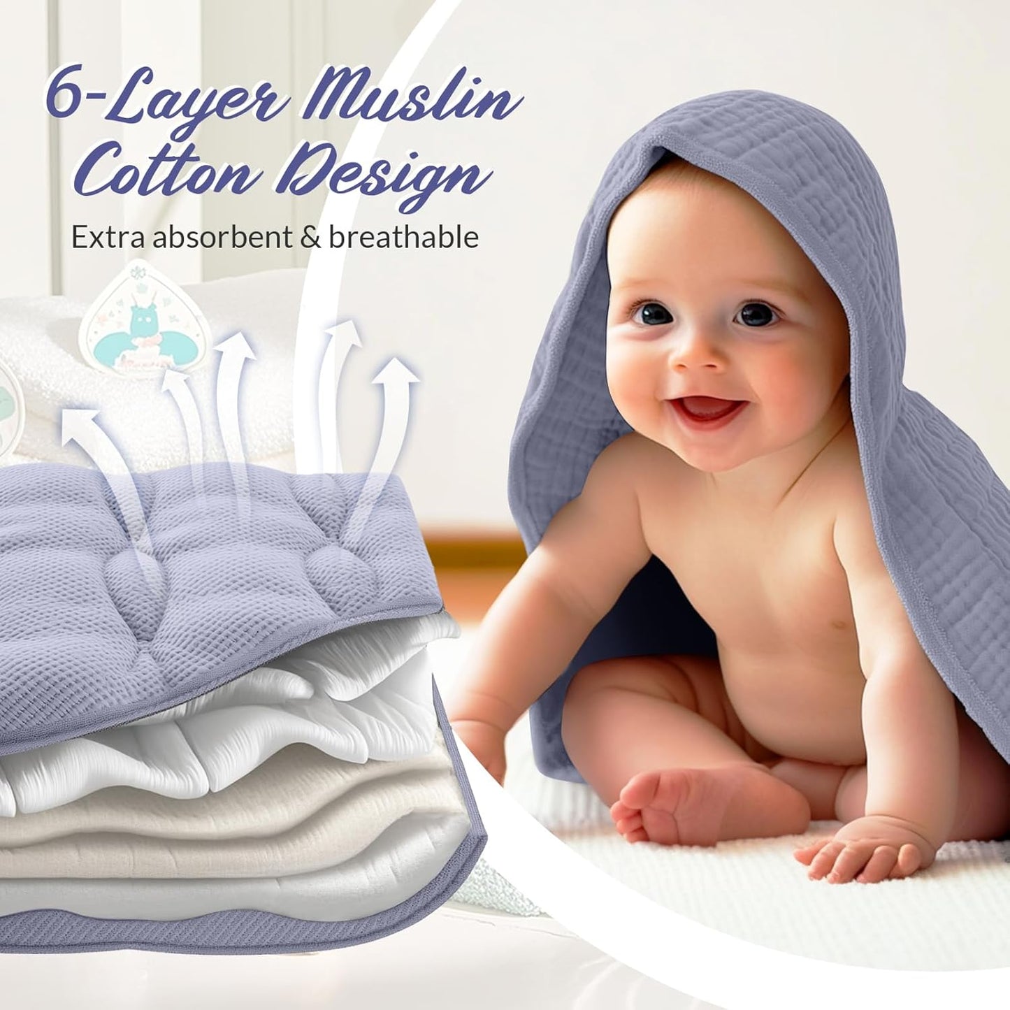 6 Pcs Muslin Hooded Bath Towels Washcloths and Bibs Set, Muslin Cotton Baby Towels Absorbent Hooded Blanket Towel Infant Bibs for Boys Girls Newborn Infant Essentials(Light Blue, Light Green)