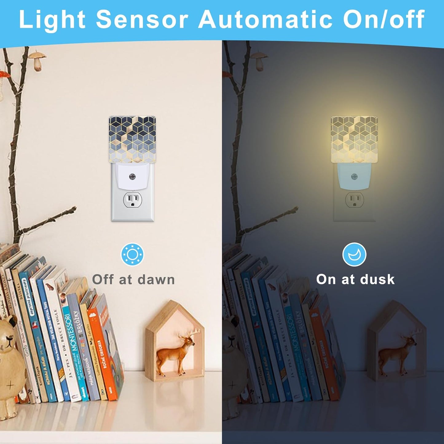 Blue Gradient Cubes Plug in Night Light with Auto Dusk to Dawn Sensor,Abstract Night Lights for Boys Girls Bedroom Bathroom Hallway Kids Room Gifts