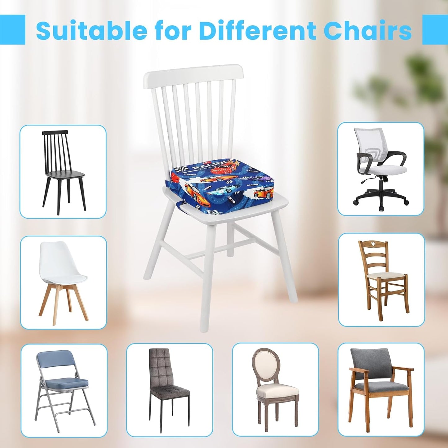 Toddler Booster Seat for Dining Table, Kids Booster Seat for Kitchen Chair with Non-Slip Bottom, Portable Detachable Washable Increasing Cushion with 2 Adjustable Straps (Racing car)
