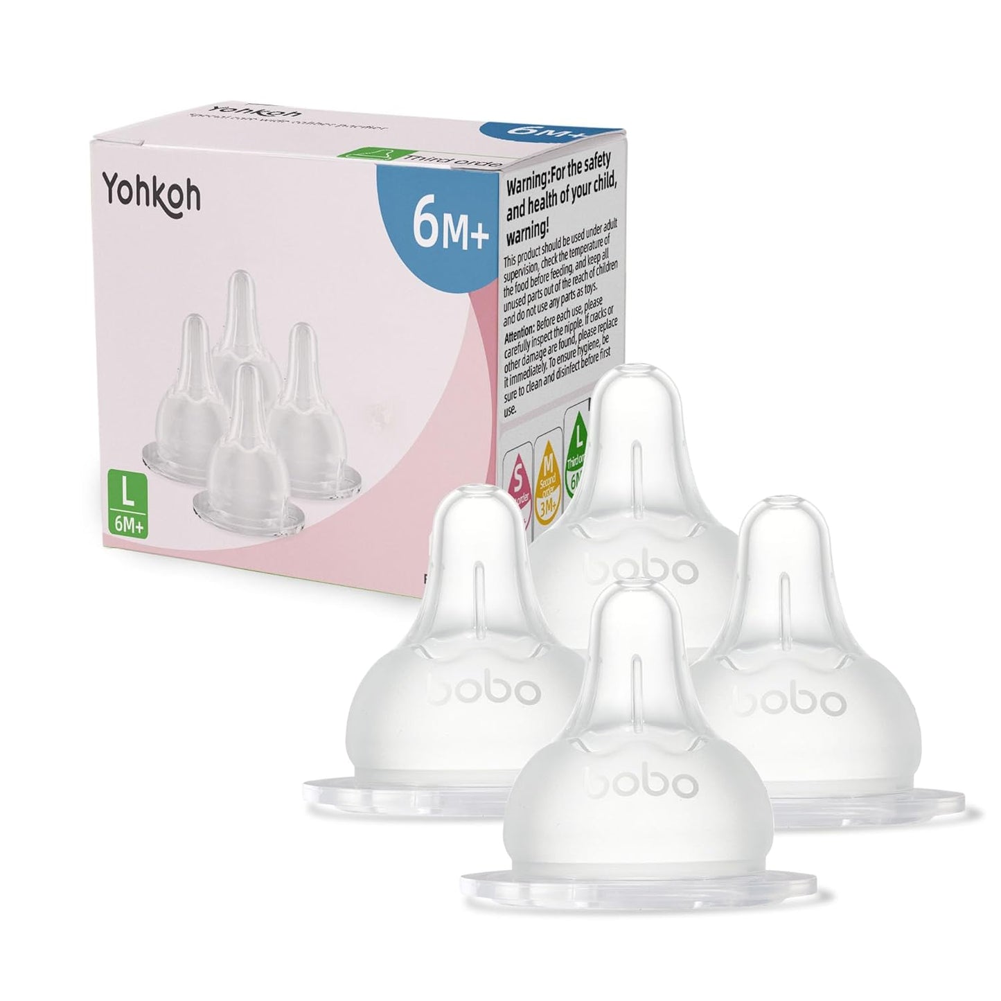 YOHKOH Baby Bottle Nipples for Wide Neck Bottles, 100% Natural Feel Silicone Nipples, BPA-Free (6m+, L, 4 Counts)