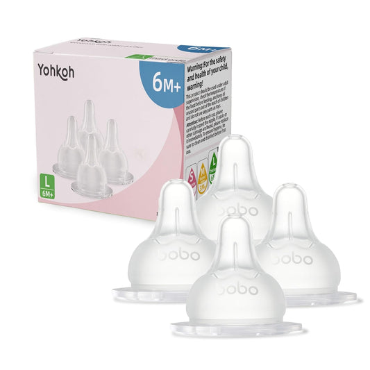 YOHKOH Baby Bottle Nipples for Wide Neck Bottles, 100% Natural Feel Silicone Nipples, BPA-Free (6m+, L, 4 Counts)