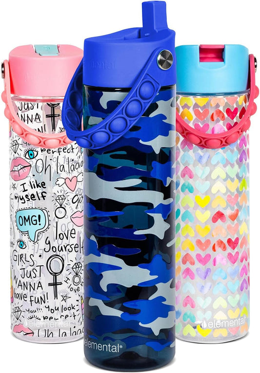 Elemental Splash Water Bottle with Straw - BPA-Free Tritan Plastic Reusable Water Bottle with Pop It Strap - Ideal for Travel, Gym and Sports - Leak Proof when Spout is Closed - 26oz - Blue Camo