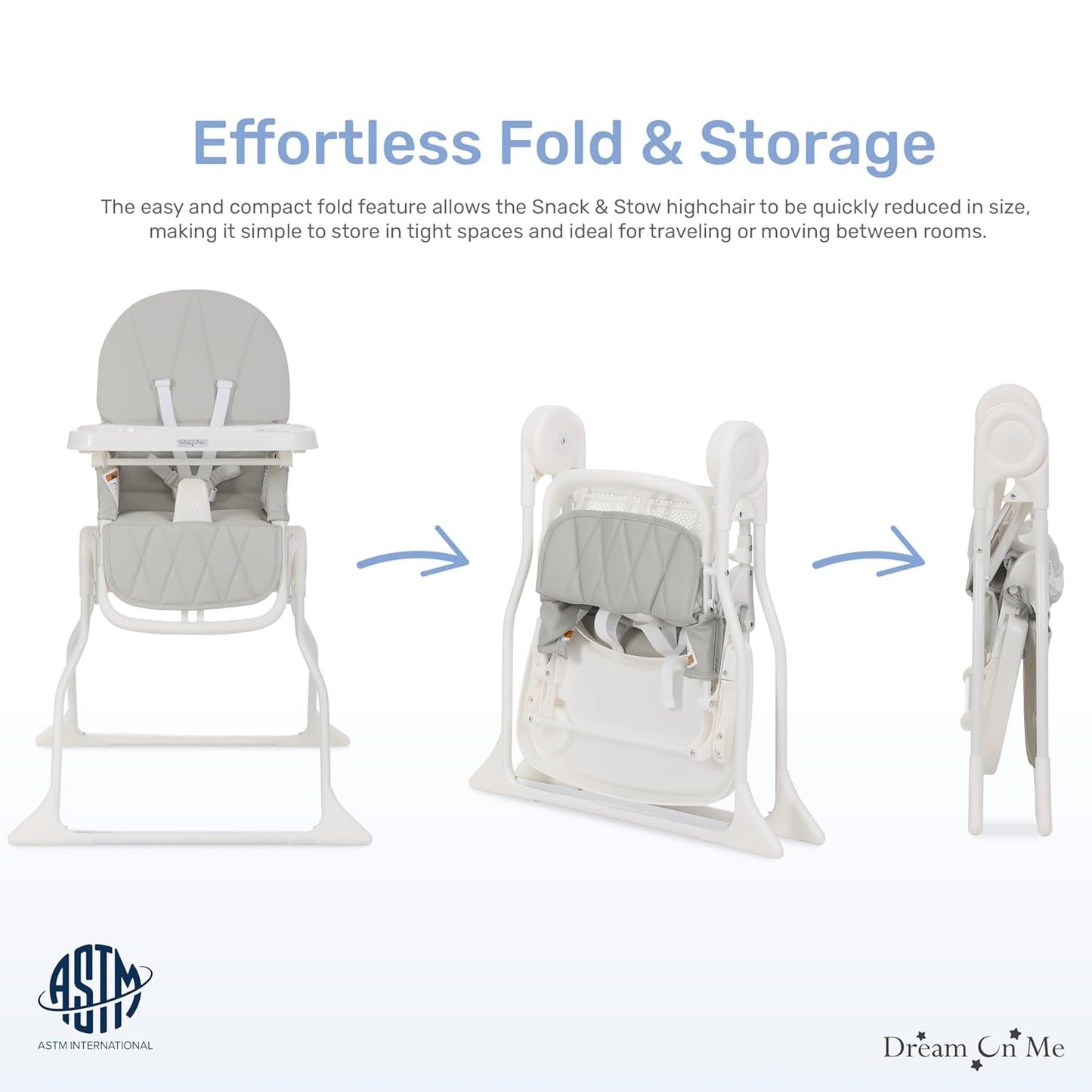 Dream On Me Snack and Stow Highchair | Adjustable Feeding Chair with Removable Tray, Lightweight, Foldable Design, Easy to Clean, Perfect for Toddlers & Infants