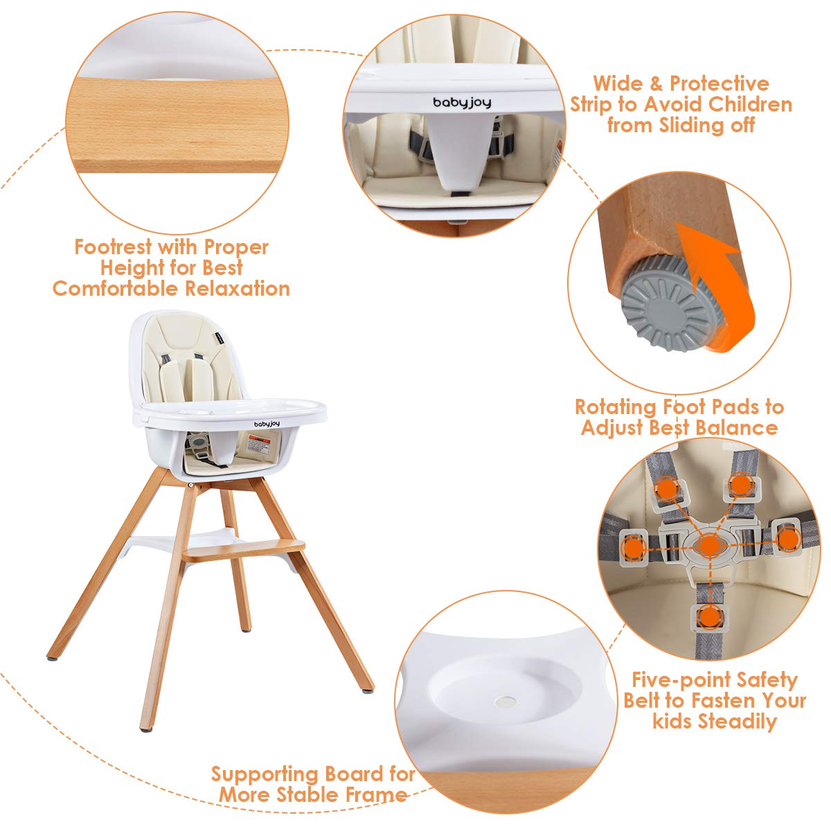 BABY JOY 3 in 1 High Chair, Baby Eat & Grow Convertible Wooden High Chair/Rocking Chair/Booster Seat/Toddler Chair, Infant Dining Chairs w/Double Removable Tray, 5-Point Seat Belt & PU Cushion, Beige
