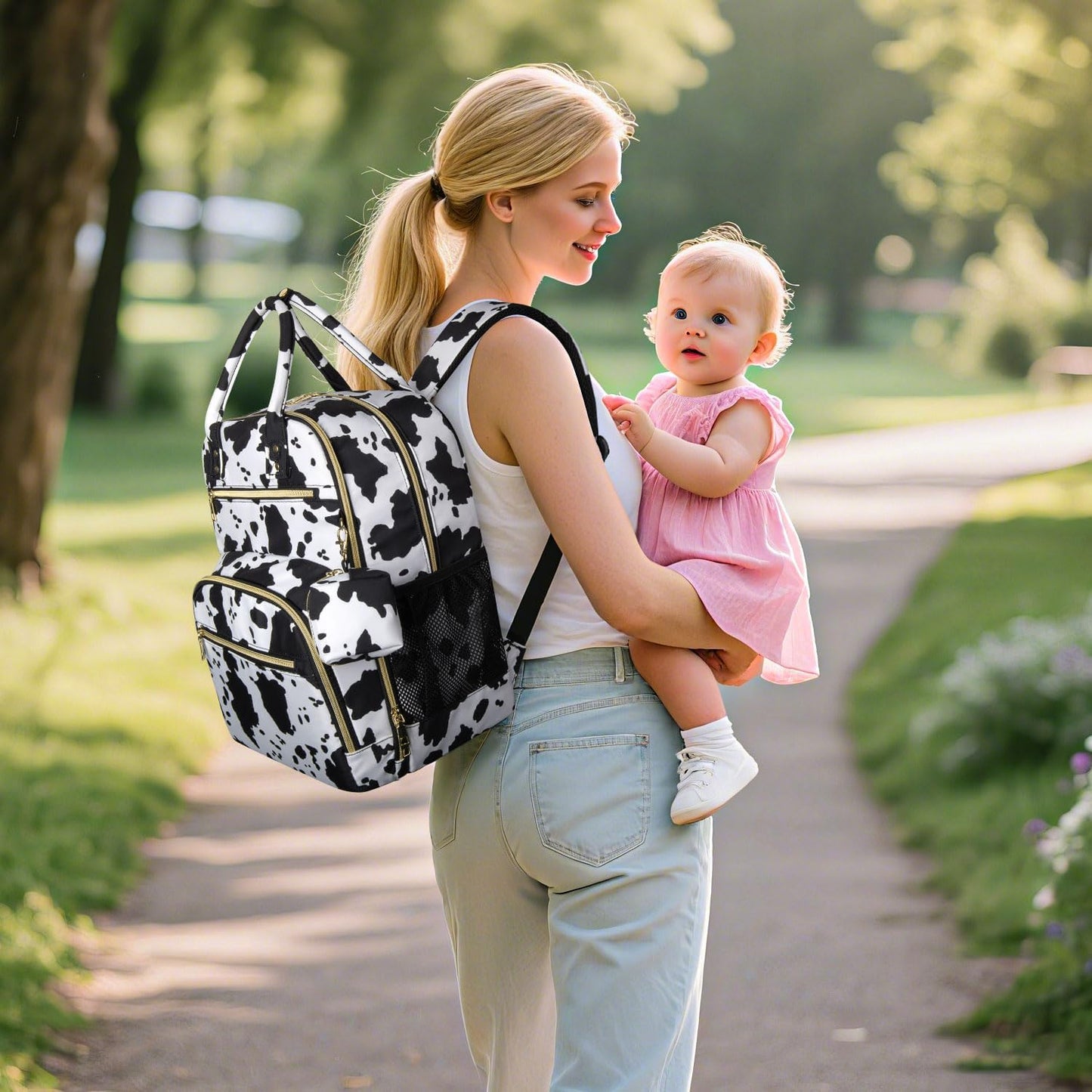 Diaper Bag Backpack,Baby Essentials Diapers Bag with Pacifier Case,Multipurpose Stylish Large Capacity Travel Backpack for Baby Girl/Boy(L-Cow Print)