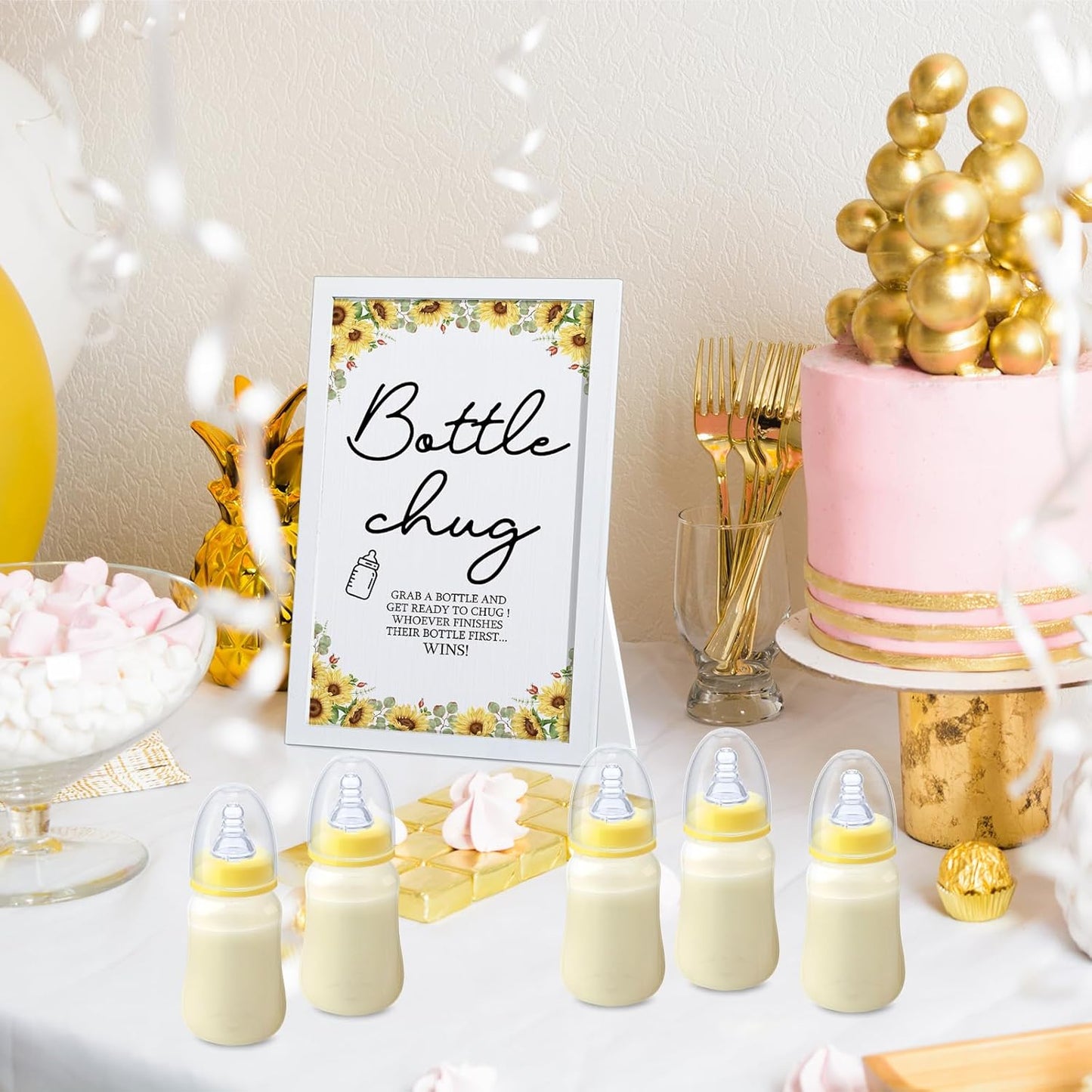 Roowest Bottle Chug Baby Shower Game Favors Including Sunflower Theme Wooden Sign and 18 Pcs Baby Bottles for Gender Reveal Party Supplies