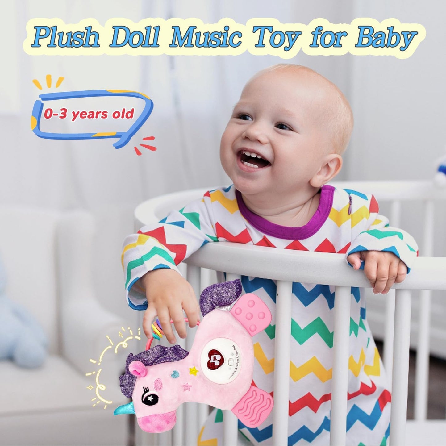 Baby Musical Activity Soft Toys with Sound & Light, Sensory Toys for Infant Developmental with Teether, Rattle and Textures, Soft Plush Toy for Newborn Gift 6 to 12 Months (Pink Unicorn)