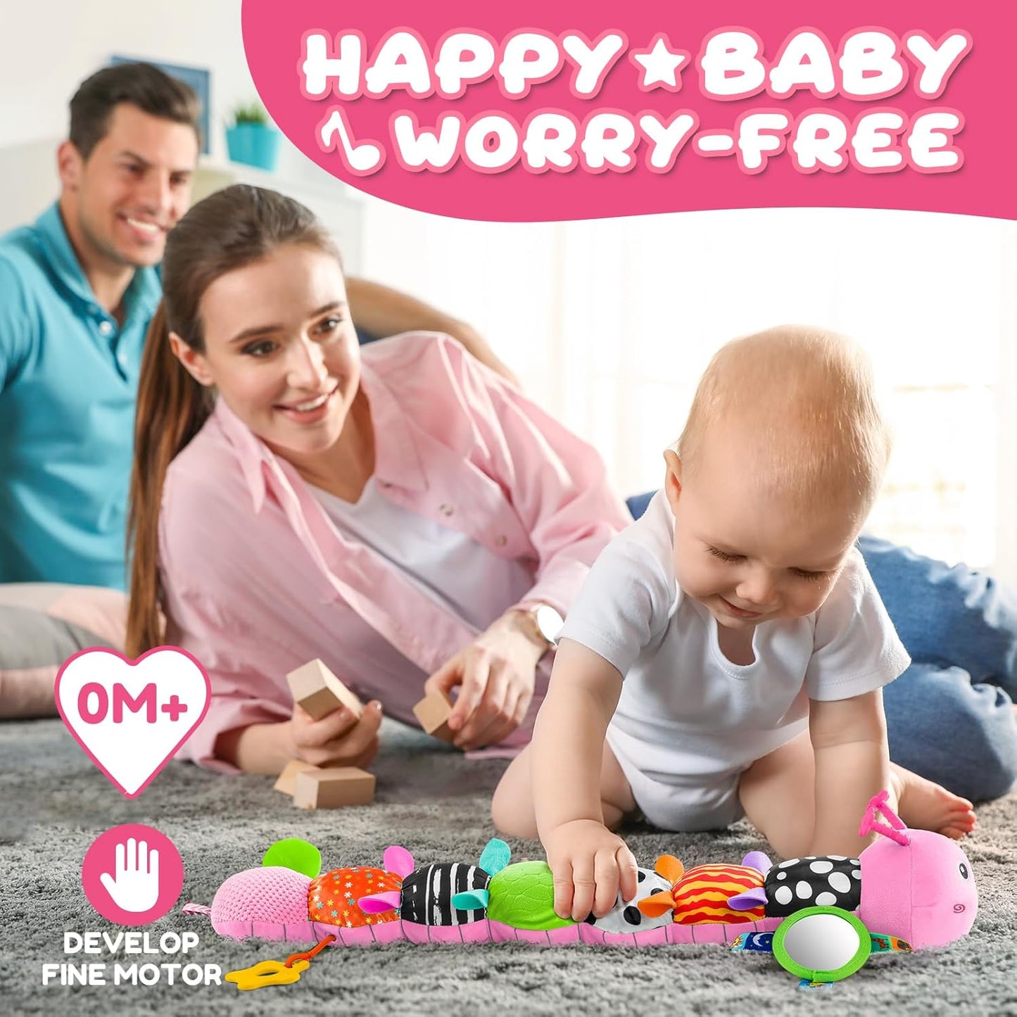 Baby Toys 0-6-12 Months,Musical Caterpillar Stuffed Animals Activity Infant Toys with Crinkle,Rattles,Mirror&Pull String,Muti-Sensory Toys Gifts for Newborn Tummy Time,Candy Pink|Leafy